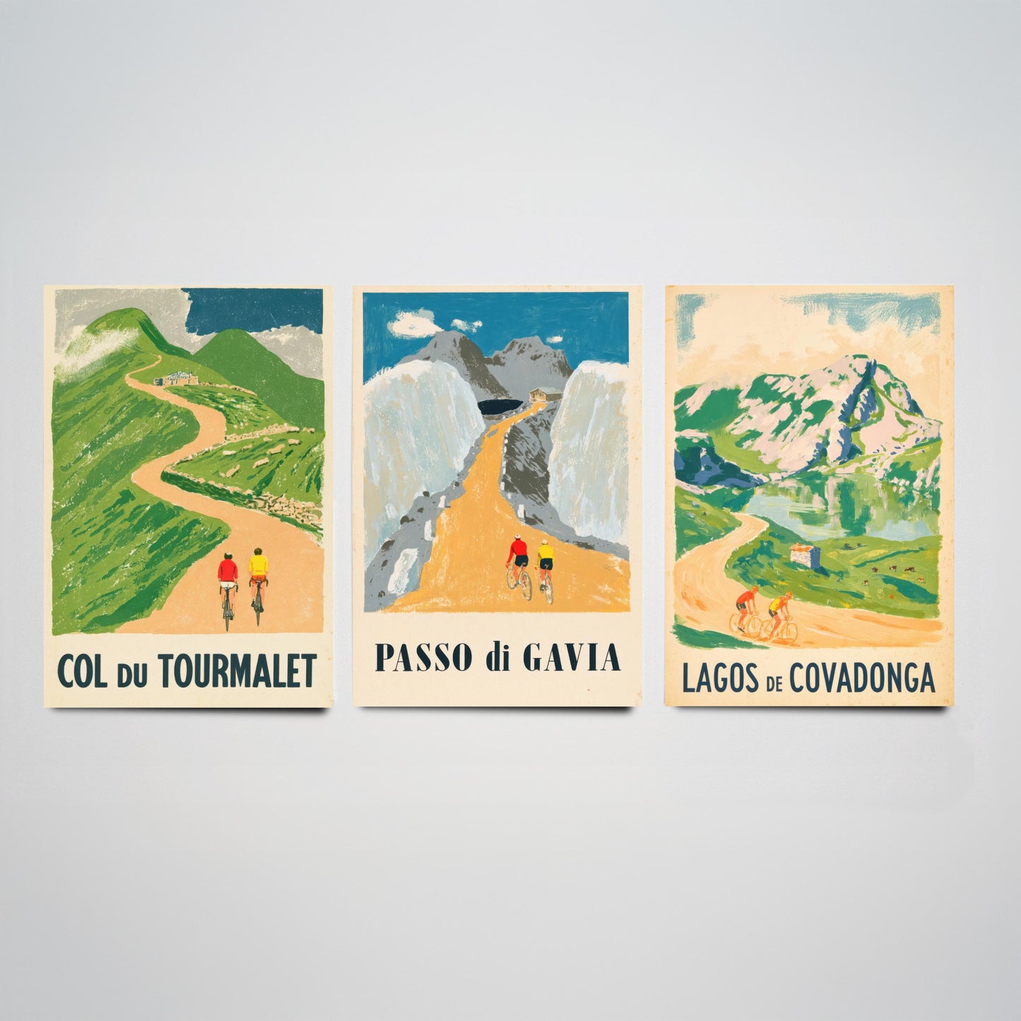 Col du Tourmalet, Passo di Gavia and Lagos de Covadonga Set of Three Art Prints - Vintage Bike Race Posters - Cycling Illustration V2