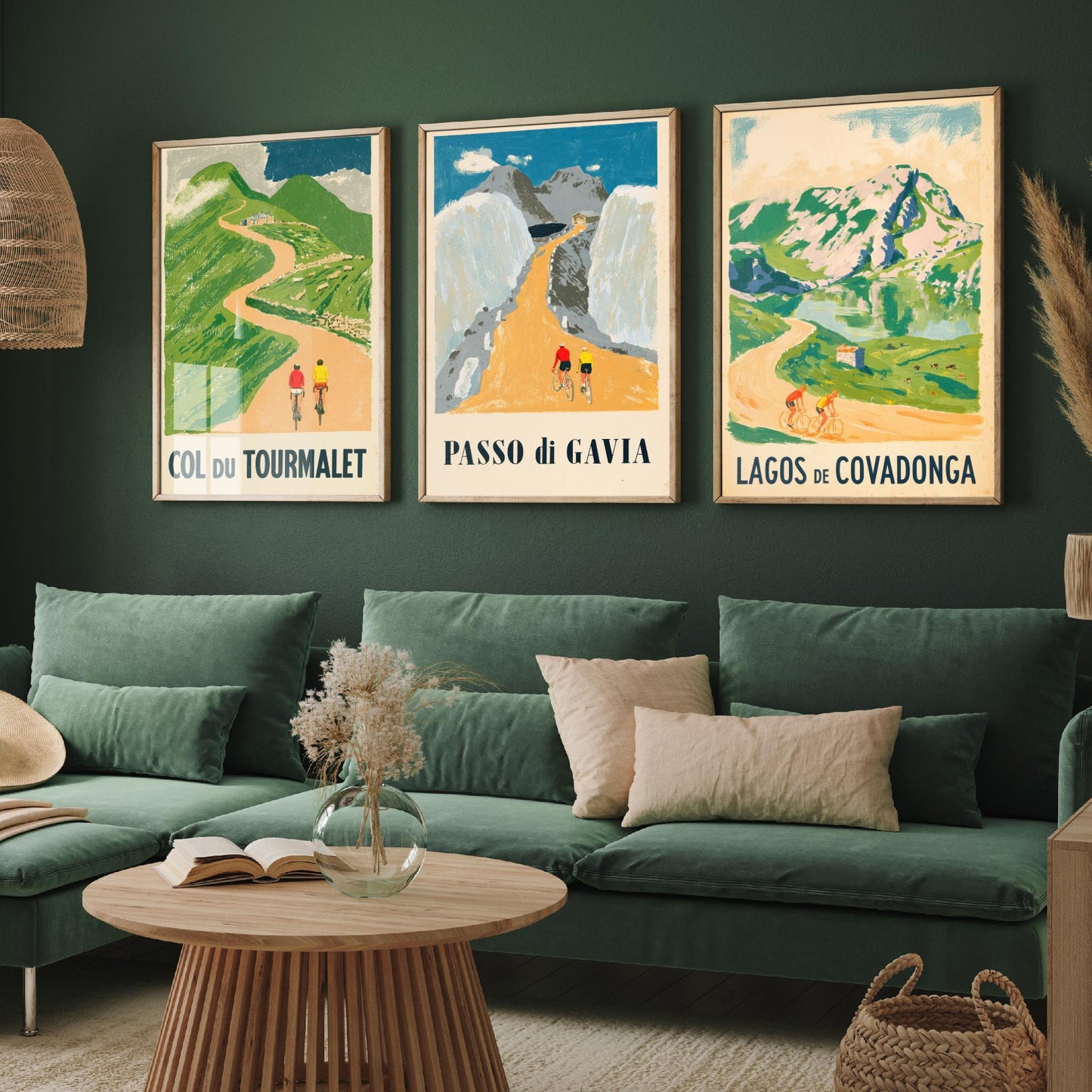 Col du Tourmalet, Passo di Gavia and Lagos de Covadonga Set of Three Art Prints - Vintage Bike Race Posters - Cycling Illustration V2