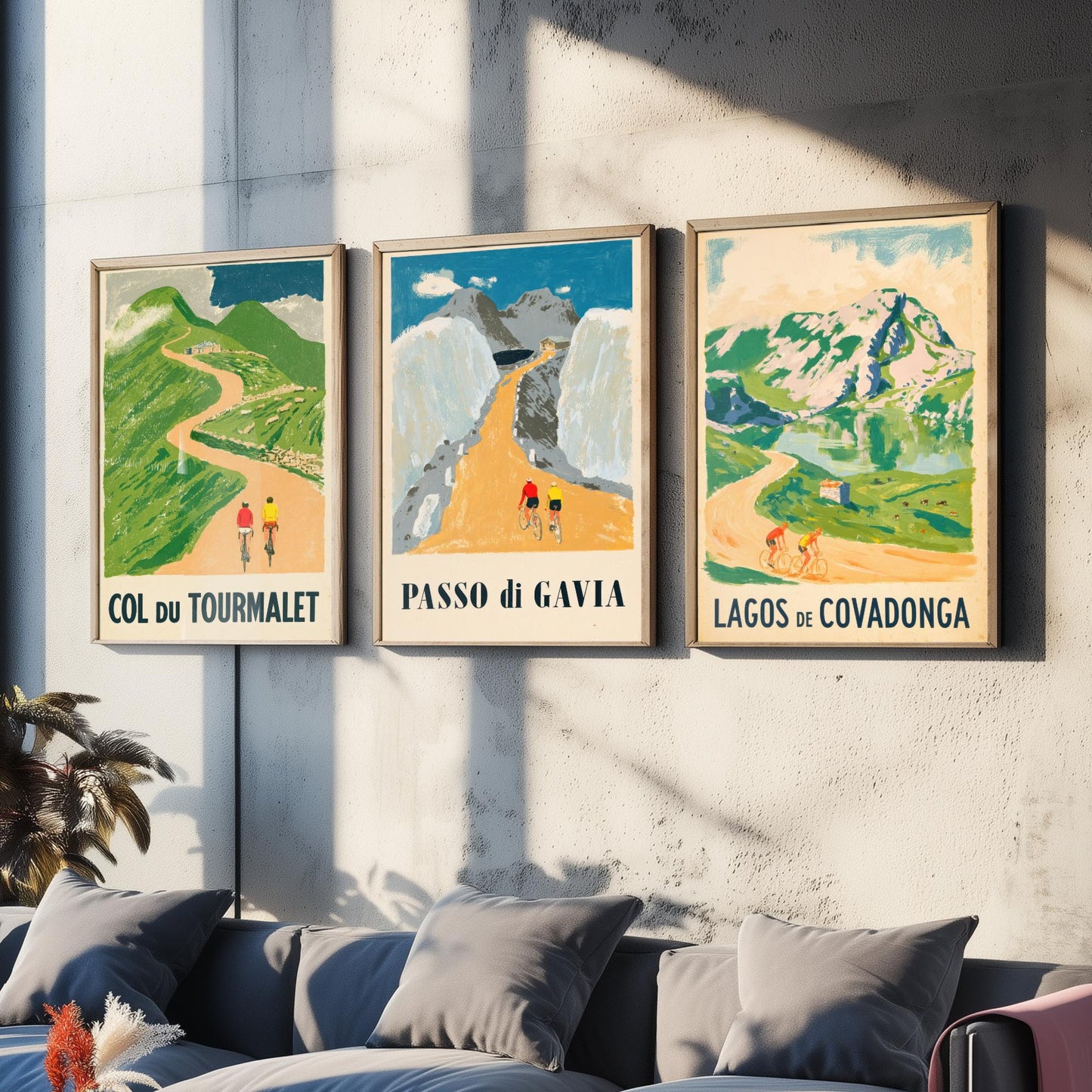 Col du Tourmalet, Passo di Gavia and Lagos de Covadonga Set of Three Art Prints - Vintage Bike Race Posters - Cycling Illustration V2