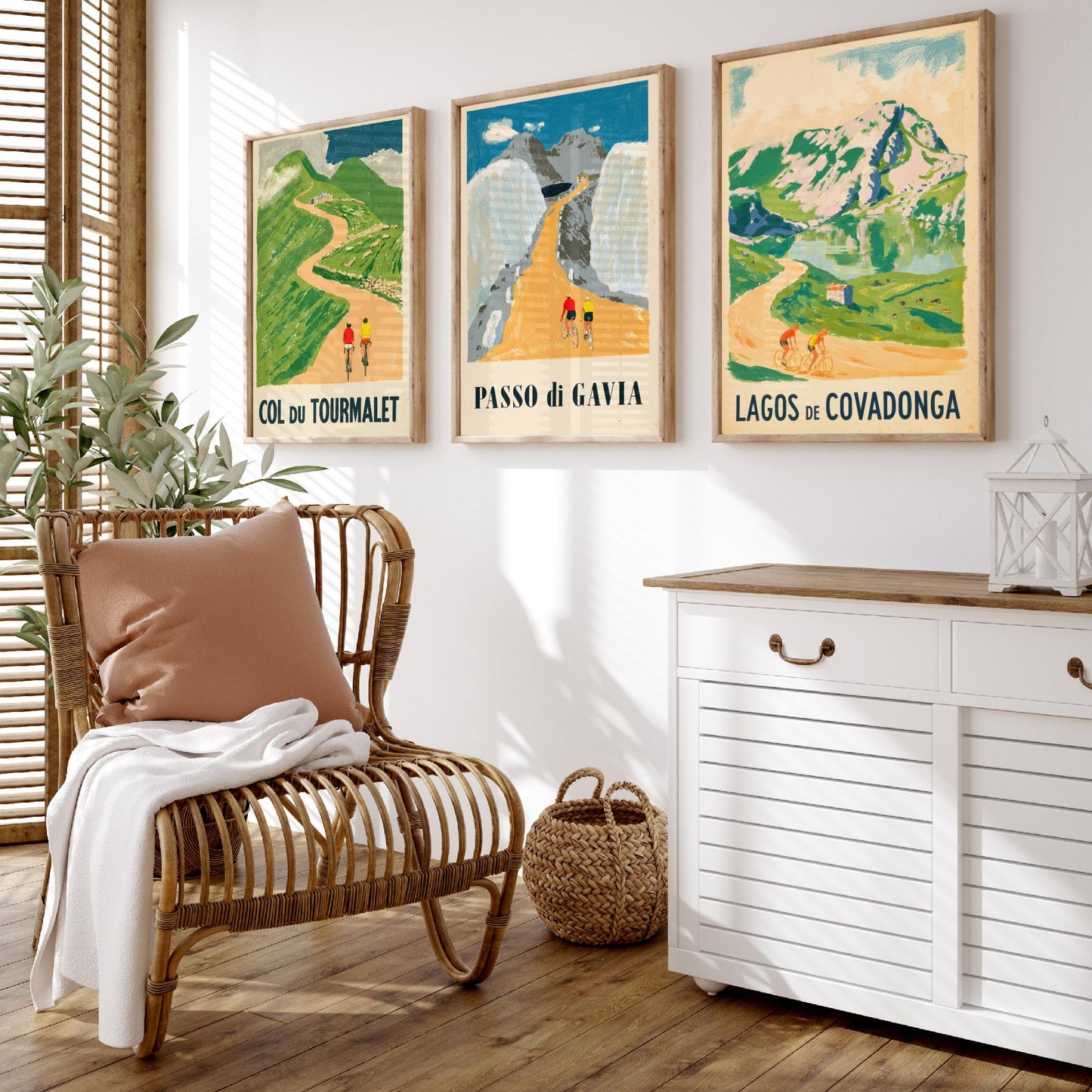 Col du Tourmalet, Passo di Gavia and Lagos de Covadonga Set of Three Art Prints - Vintage Bike Race Posters - Cycling Illustration V2