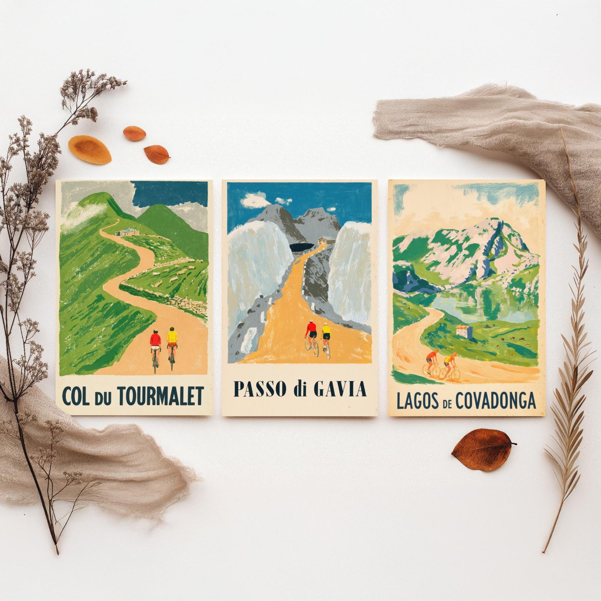 Col du Tourmalet, Passo di Gavia and Lagos de Covadonga Set of Three Art Prints - Vintage Bike Race Posters - Cycling Illustration V2
