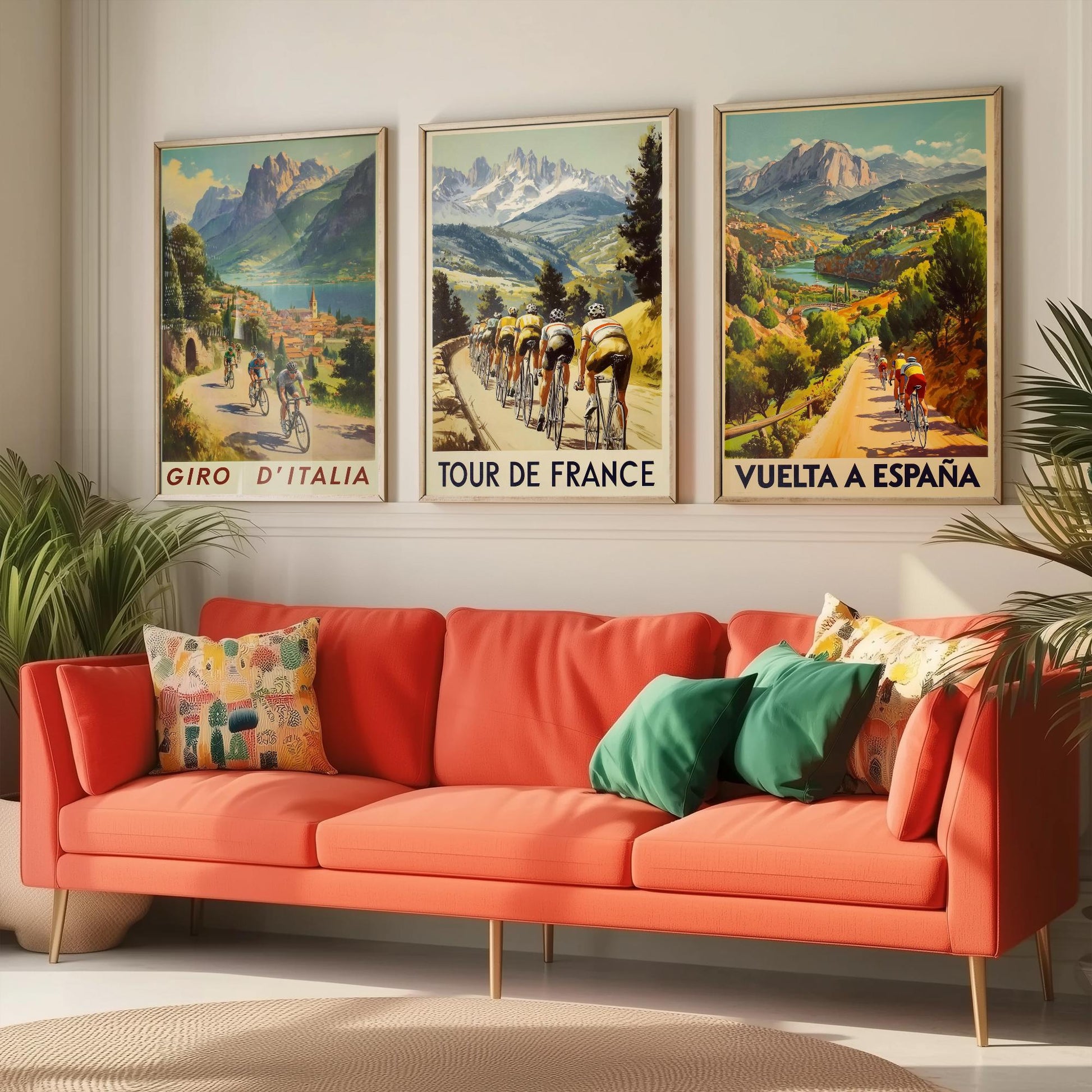 Vintage Cycling Poster Set of Three Art Prints | Italian French Spanish Grand Tour Illustration
