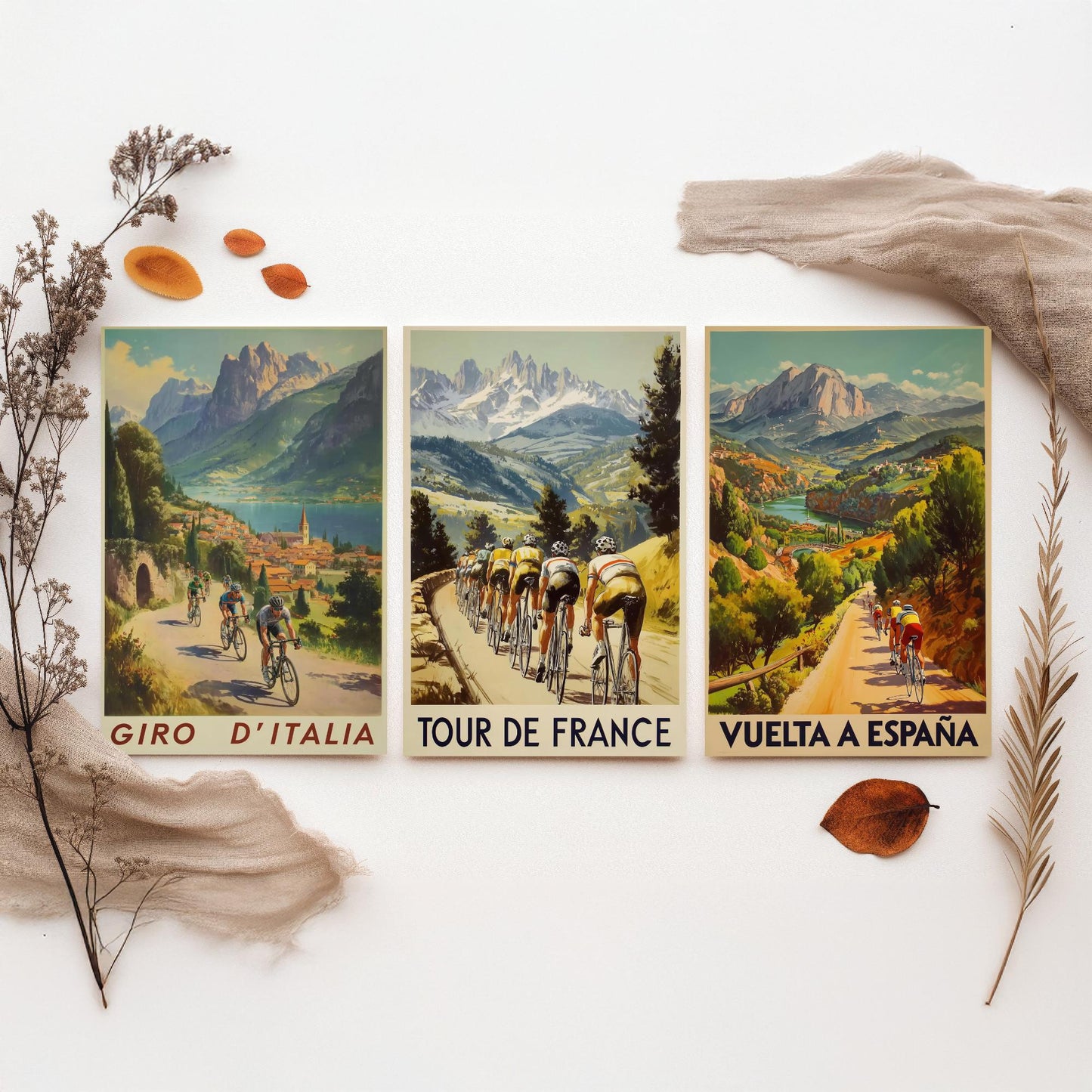 Vintage Cycling Poster Set of Three Art Prints | Italian French Spanish Grand Tour Illustration