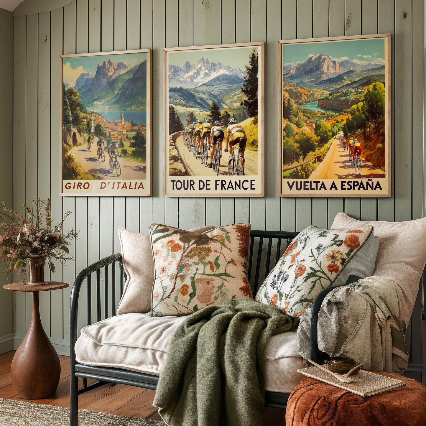 Vintage Cycling Poster Set of Three Art Prints | Italian French Spanish Grand Tour Illustration