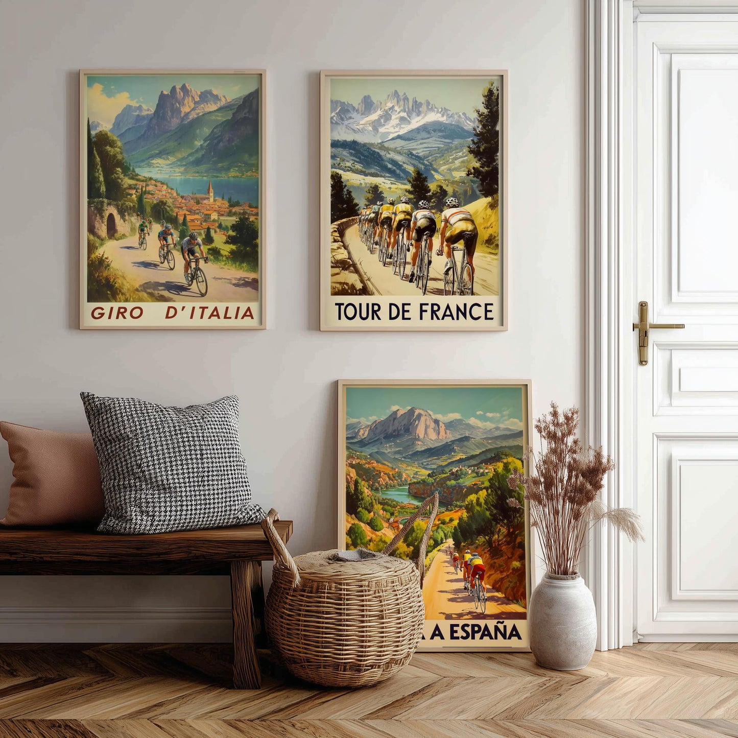 Vintage Cycling Poster Set of Three Art Prints | Italian French Spanish Grand Tour Illustration