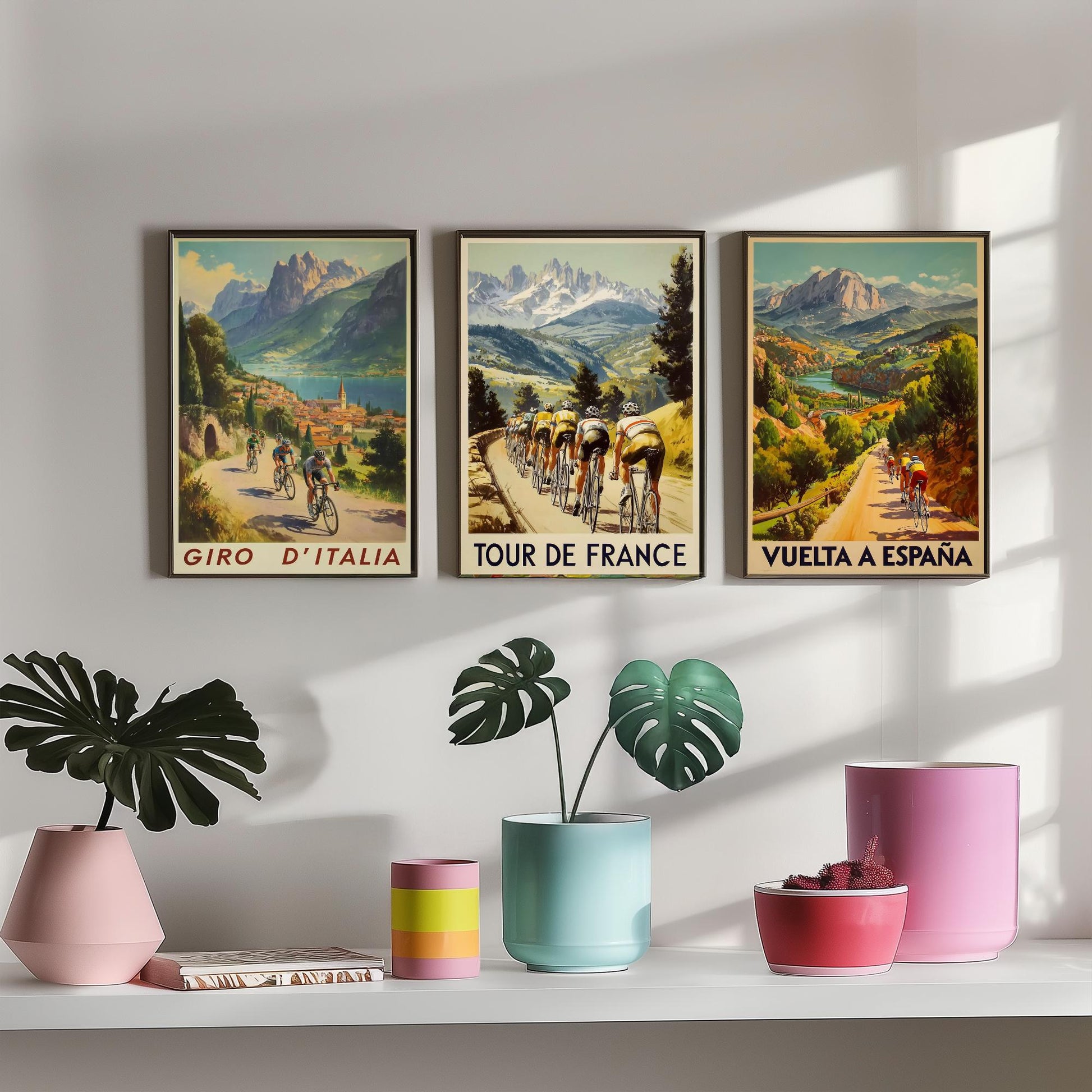 Vintage Cycling Poster Set of Three Art Prints | Italian French Spanish Grand Tour Illustration