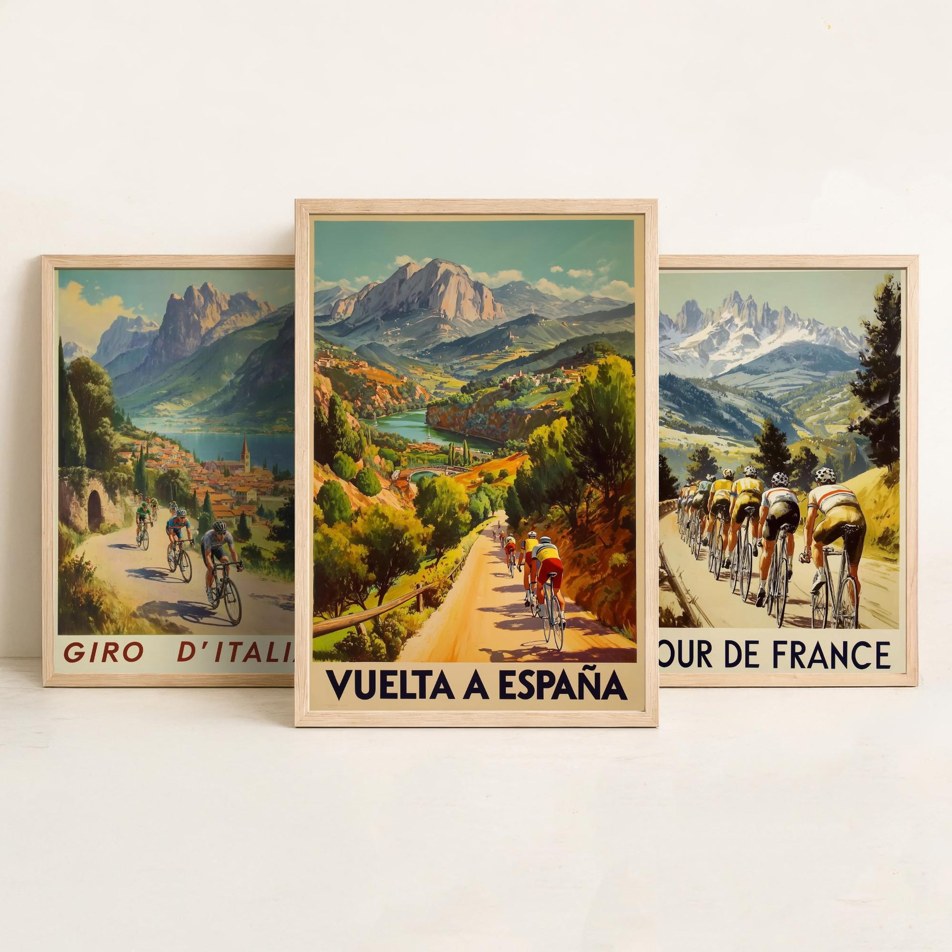 Vintage Cycling Poster Set of Three Art Prints | Italian French Spanish Grand Tour Illustration