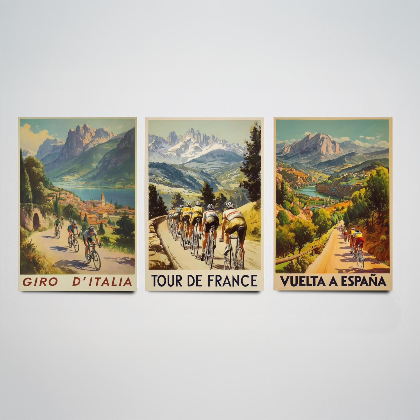 Vintage Cycling Poster Set of Three Art Prints | Italian French Spanish Grand Tour Illustration