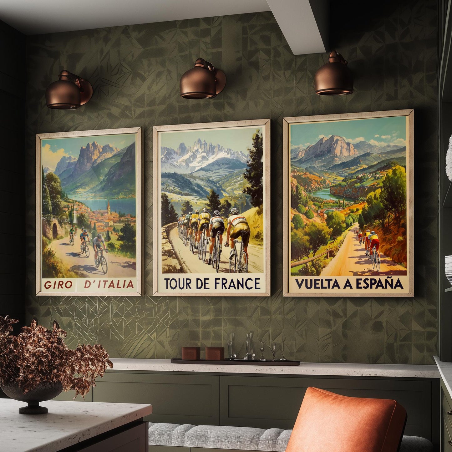 Vintage Cycling Poster Set of Three Art Prints | Italian French Spanish Grand Tour Illustration