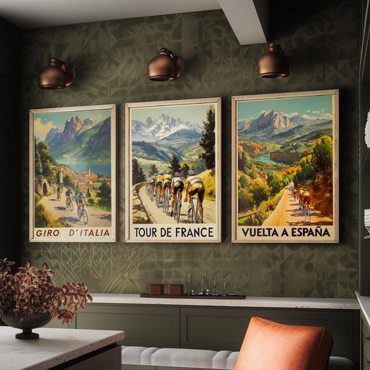 Vintage Cycling Poster Set of Three Art Prints | Italian French Spanish Grand Tour Illustration