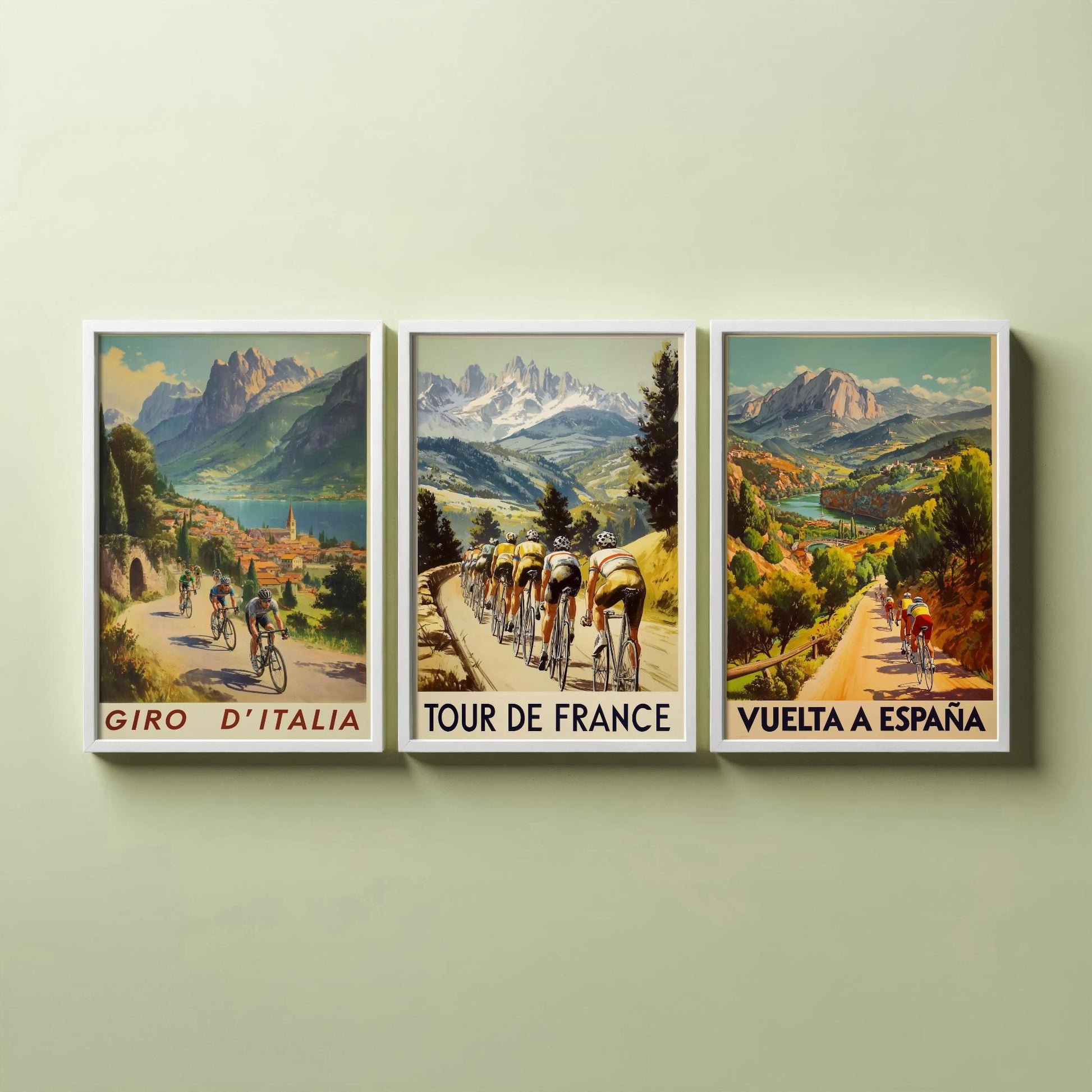 Vintage Cycling Poster Set of Three Art Prints | Italian French Spanish Grand Tour Illustration
