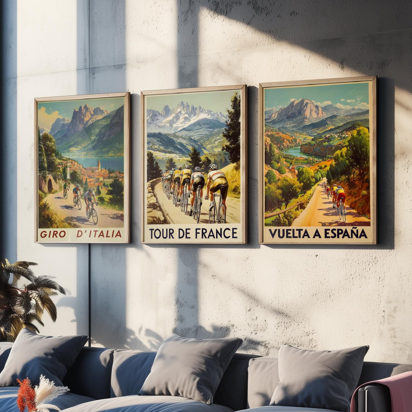 Vintage Cycling Poster Set of Three Art Prints | Italian French Spanish Grand Tour Illustration