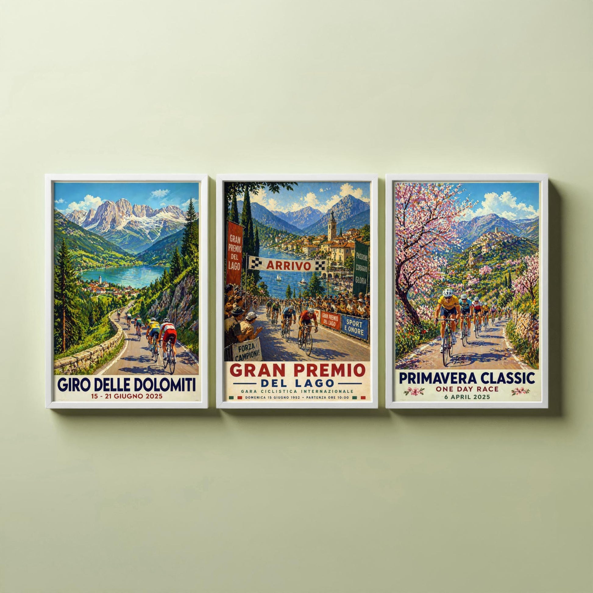 Vintage Cycling Poster Set of Three Art Prints | Dolomites Lake Grand Prix Spring Classic Painting