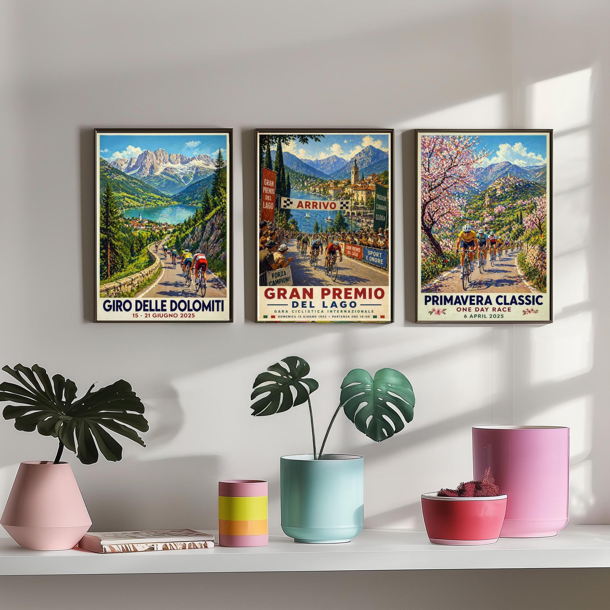 Vintage Cycling Poster Set of Three Art Prints | Dolomites Lake Grand Prix Spring Classic Painting