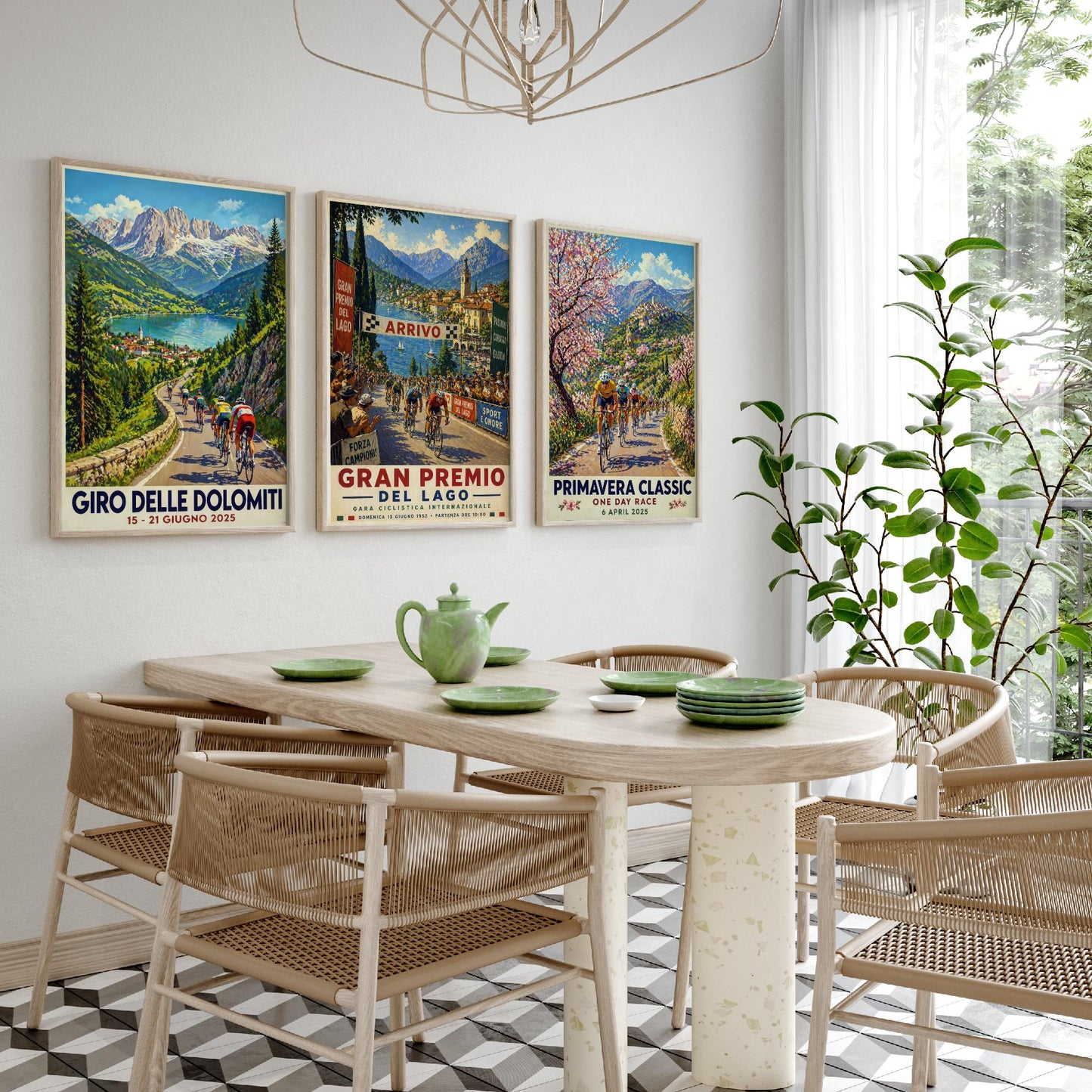 Vintage Cycling Poster Set of Three Art Prints | Dolomites Lake Grand Prix Spring Classic Painting