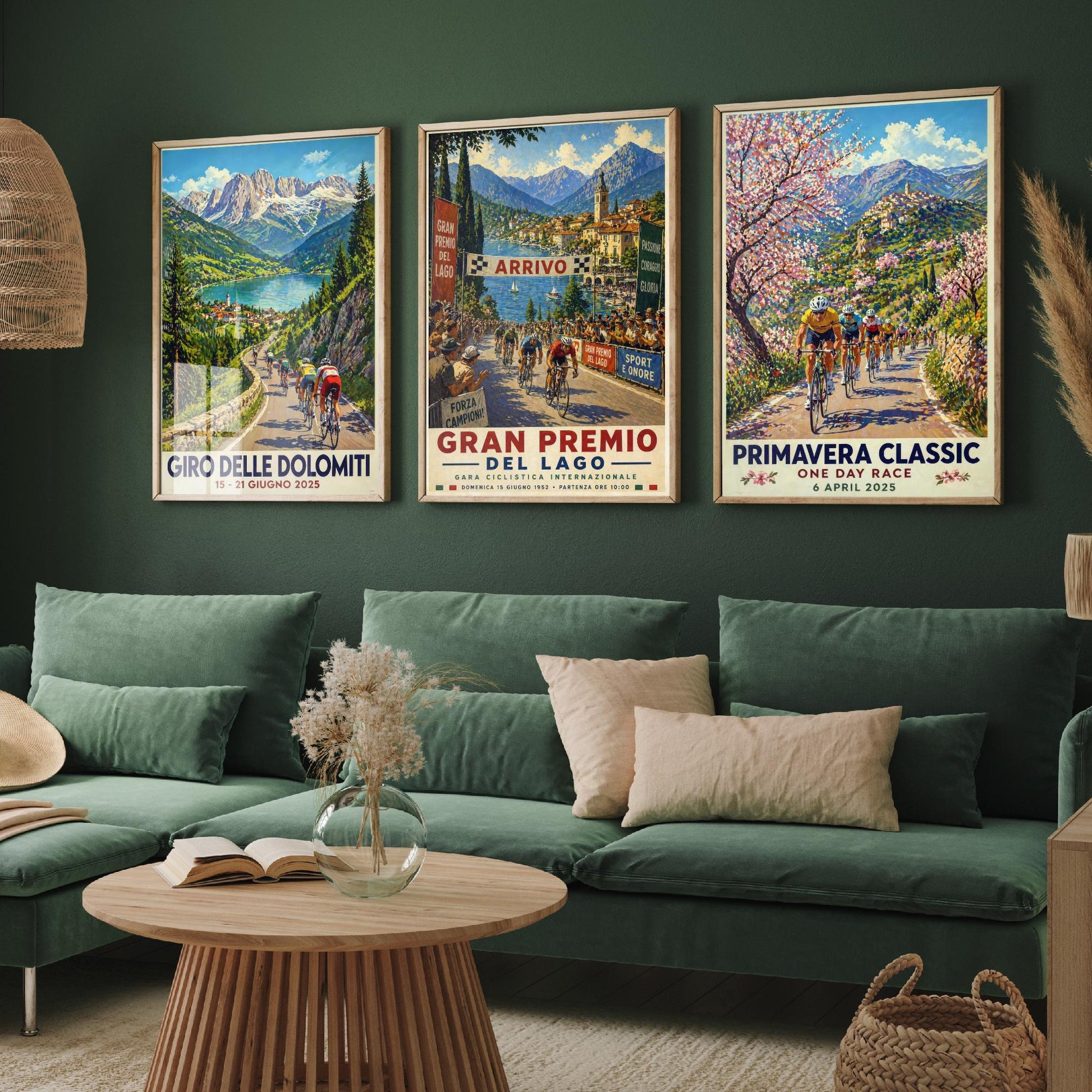 Vintage Cycling Poster Set of Three Art Prints | Dolomites Lake Grand Prix Spring Classic Painting