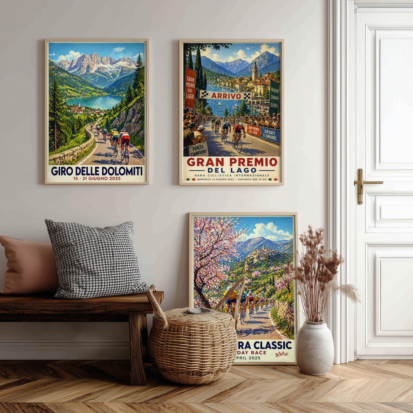 Vintage Cycling Poster Set of Three Art Prints | Dolomites Lake Grand Prix Spring Classic Painting