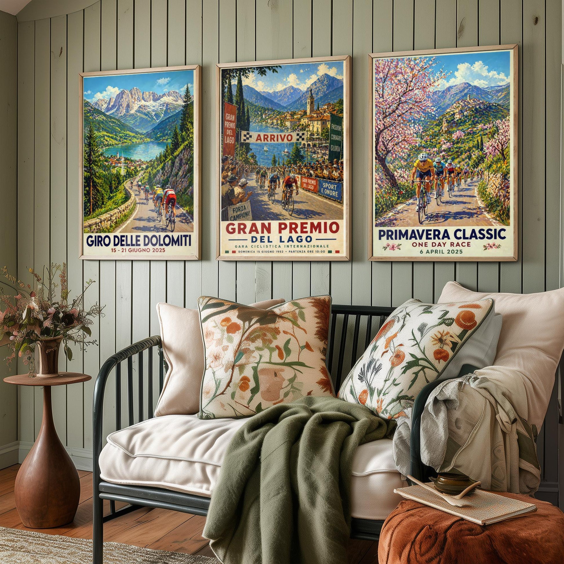 Vintage Cycling Poster Set of Three Art Prints | Dolomites Lake Grand Prix Spring Classic Painting