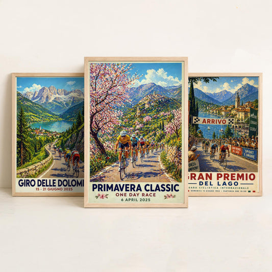 Vintage Cycling Poster Set of Three Art Prints | Dolomites Lake Grand Prix Spring Classic Painting
