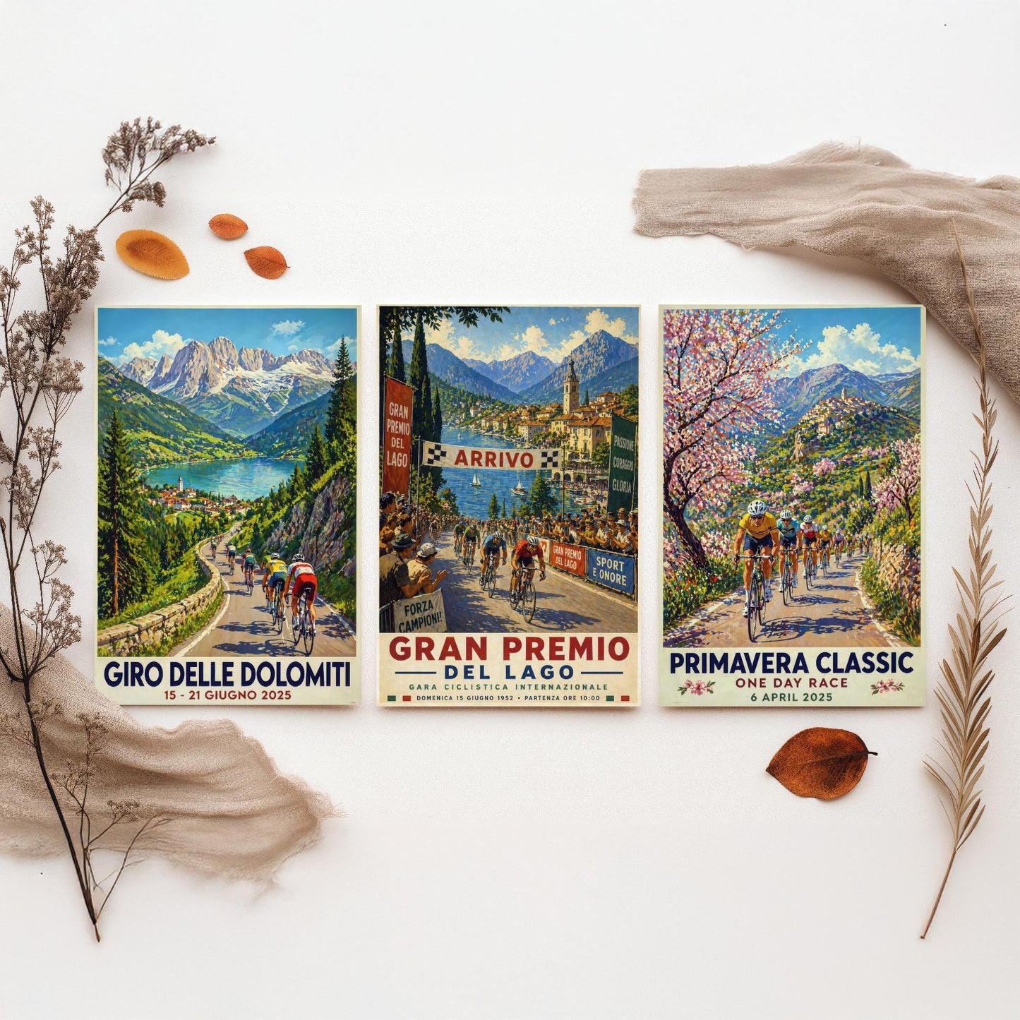 Vintage Cycling Poster Set of Three Art Prints | Dolomites Lake Grand Prix Spring Classic Painting