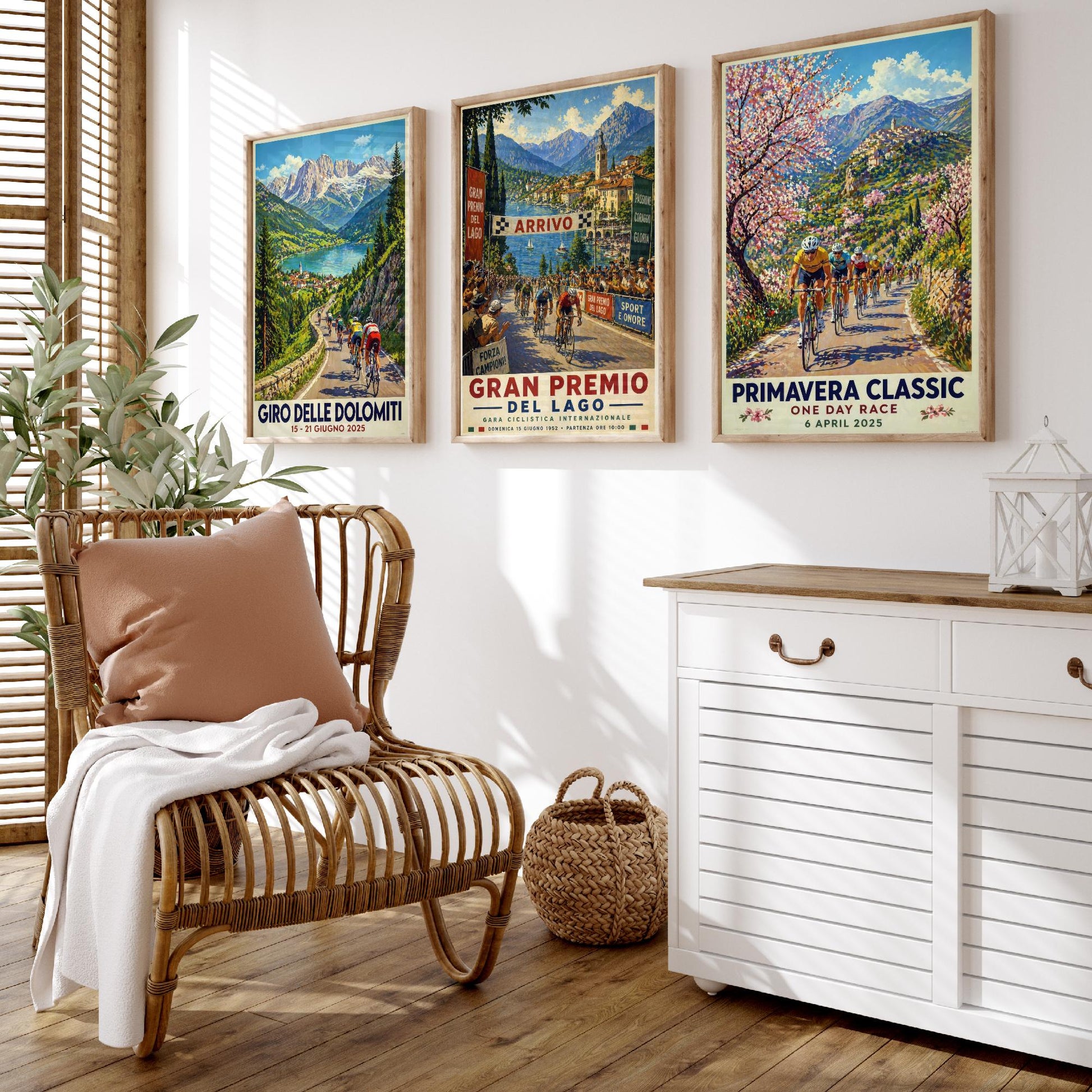 Vintage Cycling Poster Set of Three Art Prints | Dolomites Lake Grand Prix Spring Classic Painting