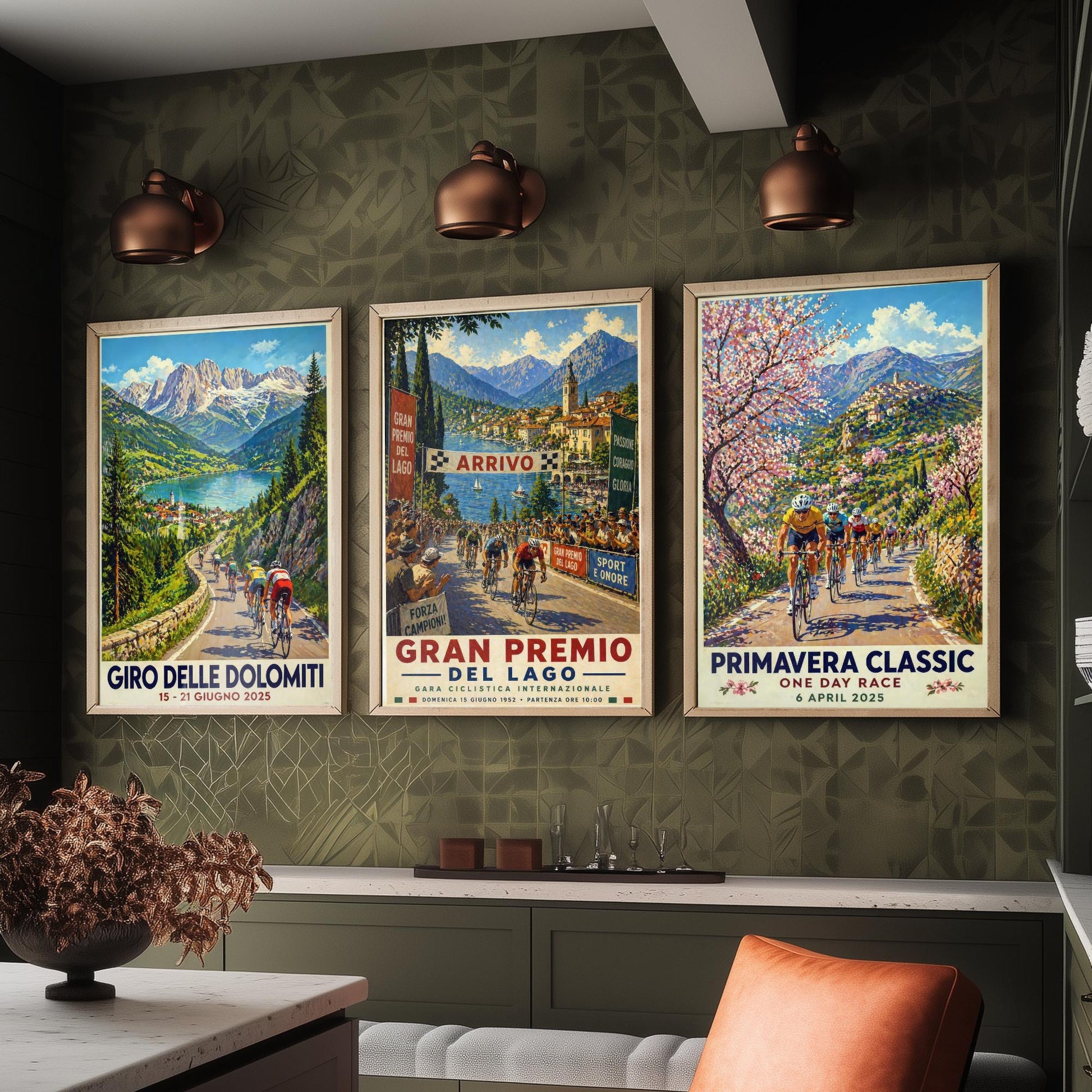 Vintage Cycling Poster Set of Three Art Prints | Dolomites Lake Grand Prix Spring Classic Painting