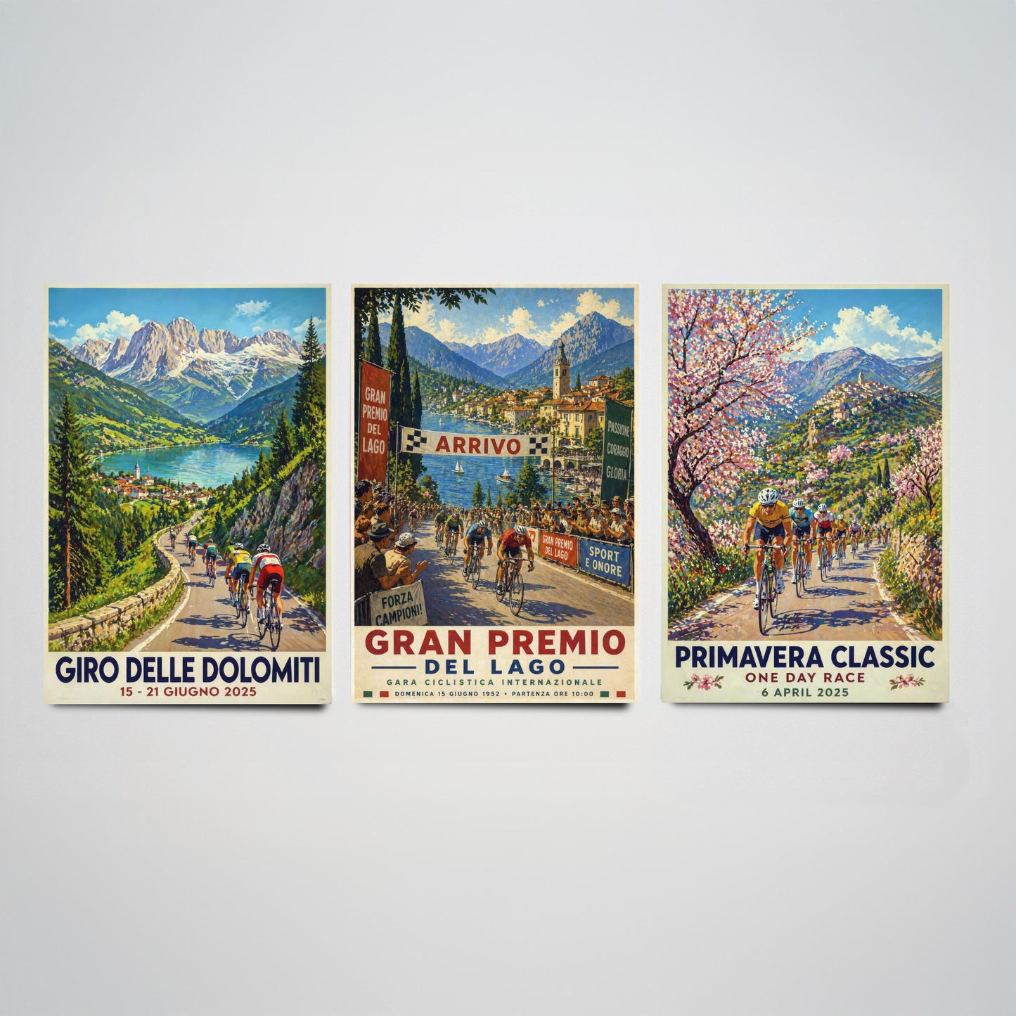 Vintage Cycling Poster Set of Three Art Prints | Dolomites Lake Grand Prix Spring Classic Painting