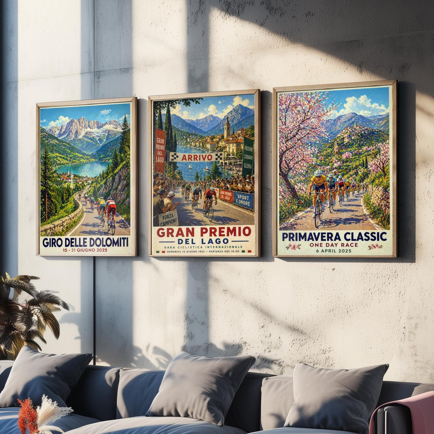 Vintage Cycling Poster Set of Three Art Prints | Dolomites Lake Grand Prix Spring Classic Painting