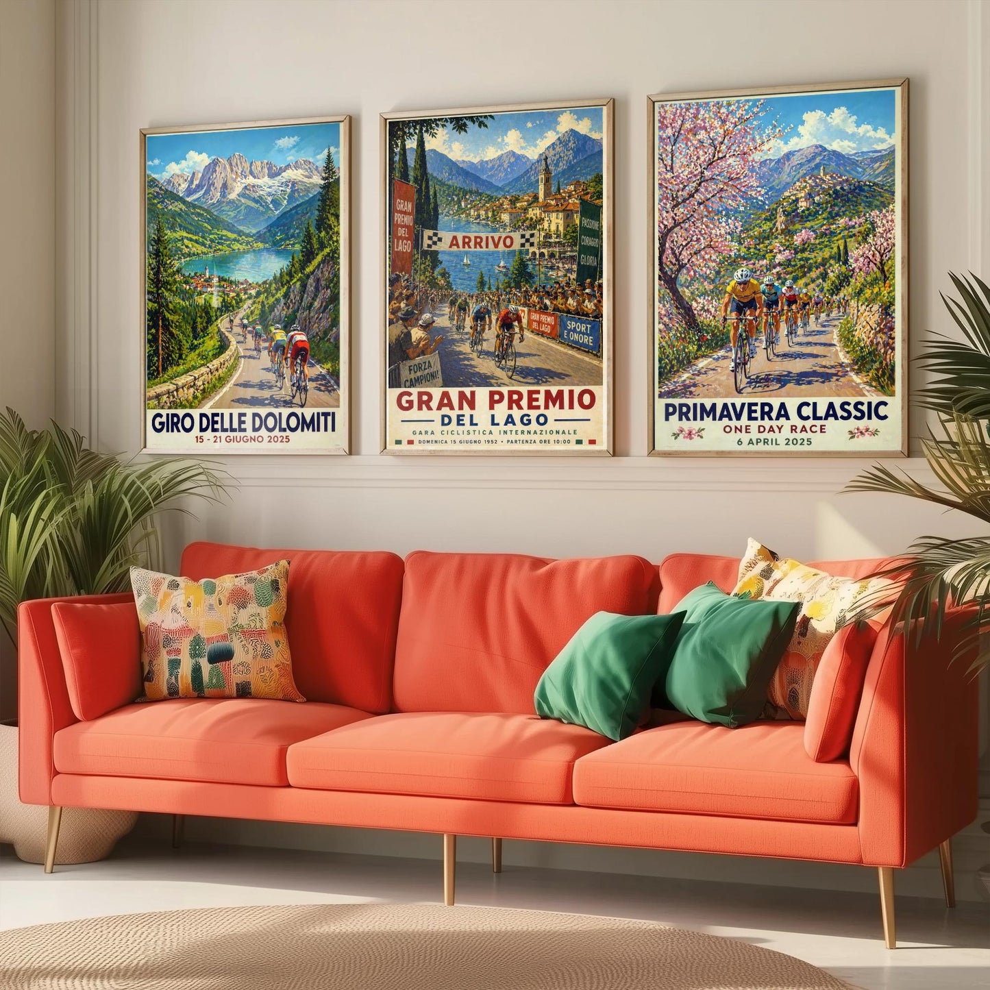 Vintage Cycling Poster Set of Three Art Prints | Dolomites Lake Grand Prix Spring Classic Painting