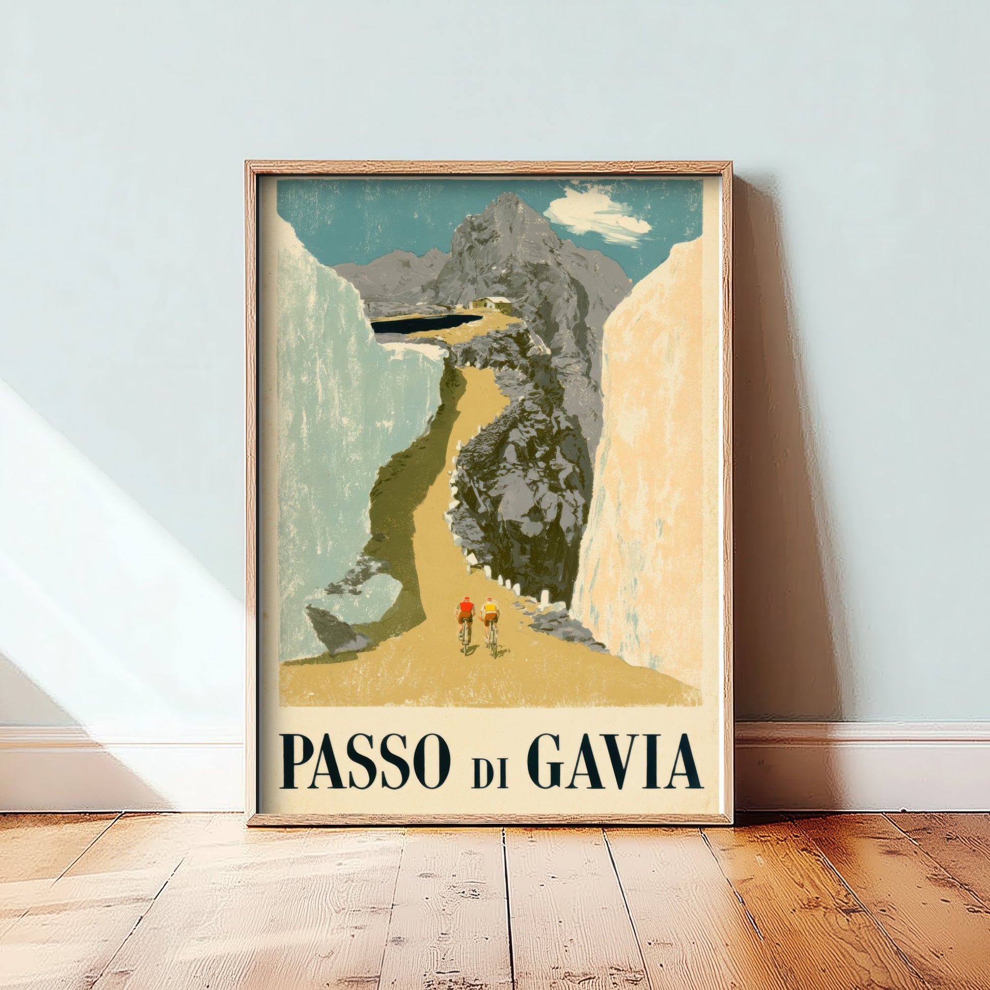 Passo di Gavia Vintage Cycling Poster - Giro Climb Between Snow Walls Art Print - Retro Italy Illustration V1 1/3
