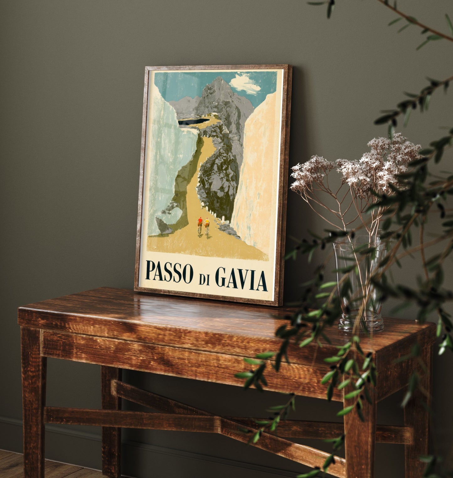 Passo di Gavia Vintage Cycling Poster - Giro Climb Between Snow Walls Art Print - Retro Italy Illustration V1 1/3