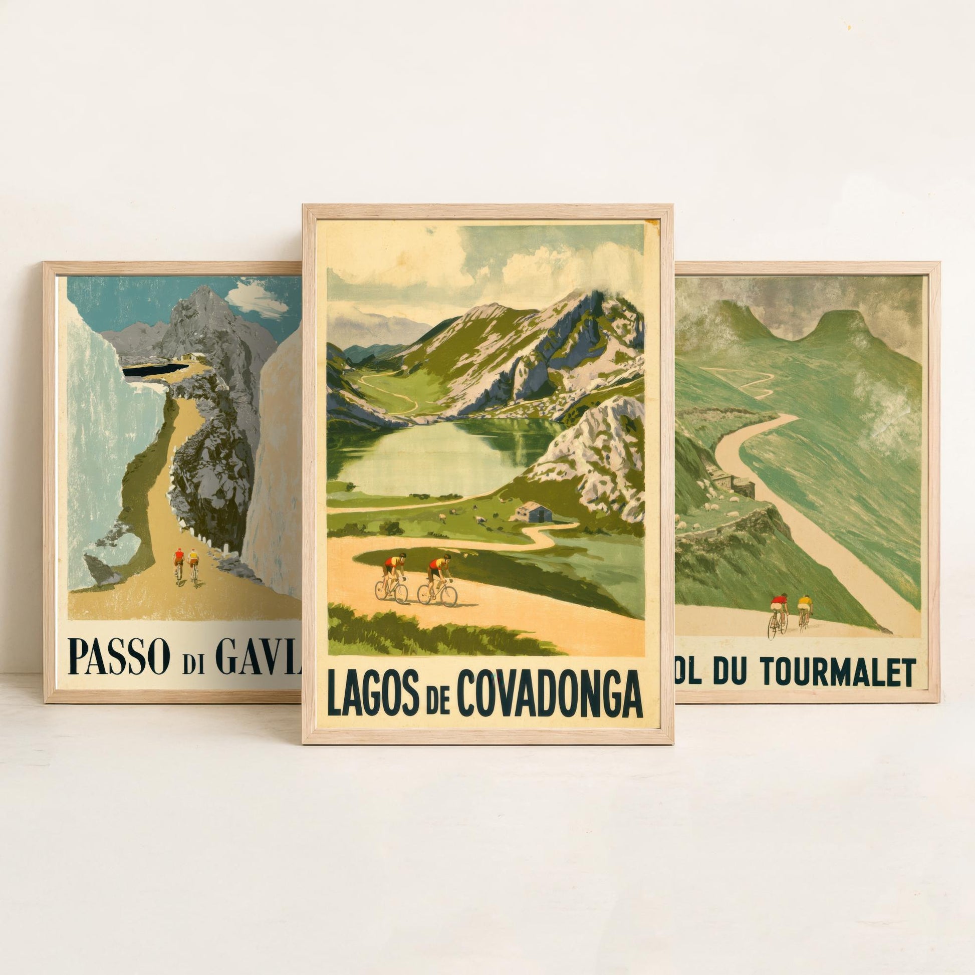 Vintage Cycling Climbs Set of Three Art Prints - Passo di Gavia, Col du Tourmalet, Lagos de Covadonga - Retro Race Poster Illustration V1