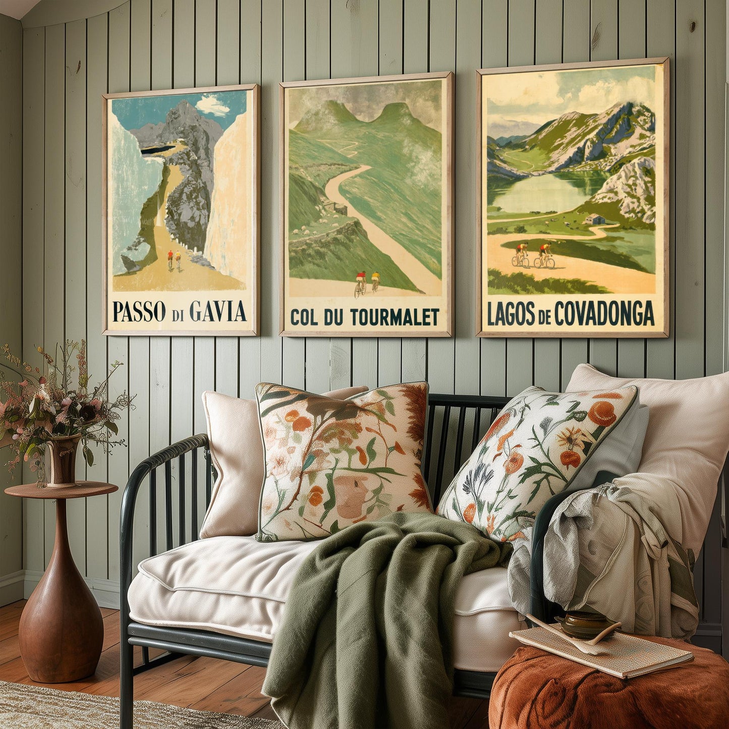 Vintage Cycling Climbs Set of Three Art Prints - Passo di Gavia, Col du Tourmalet, Lagos de Covadonga - Retro Race Poster Illustration V1