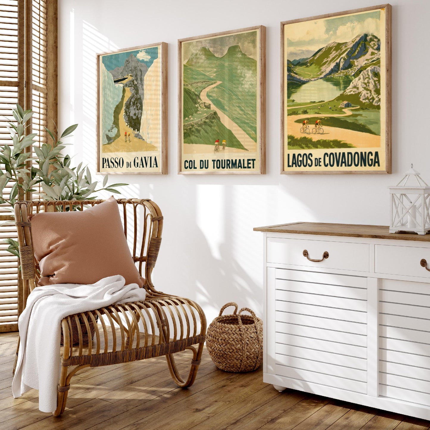 Vintage Cycling Climbs Set of Three Art Prints - Passo di Gavia, Col du Tourmalet, Lagos de Covadonga - Retro Race Poster Illustration V1