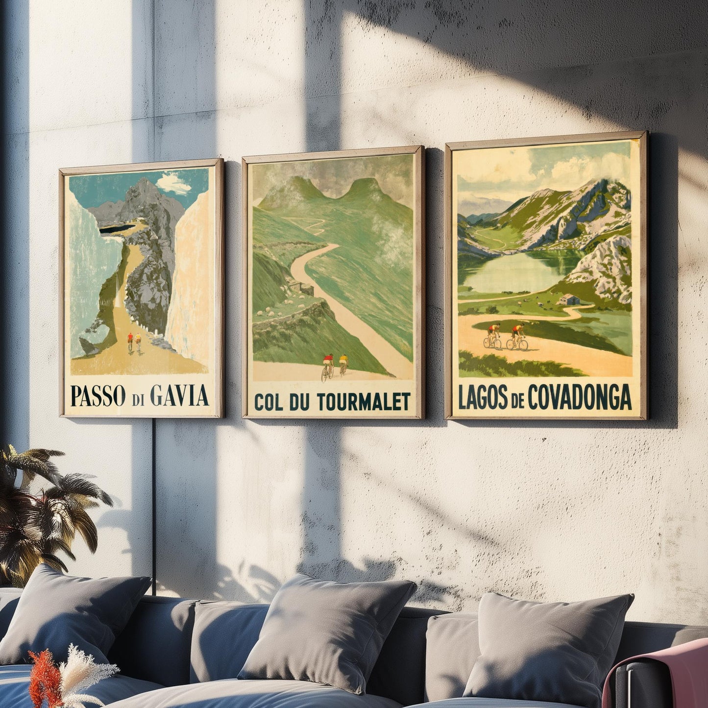 Vintage Cycling Climbs Set of Three Art Prints - Passo di Gavia, Col du Tourmalet, Lagos de Covadonga - Retro Race Poster Illustration V1