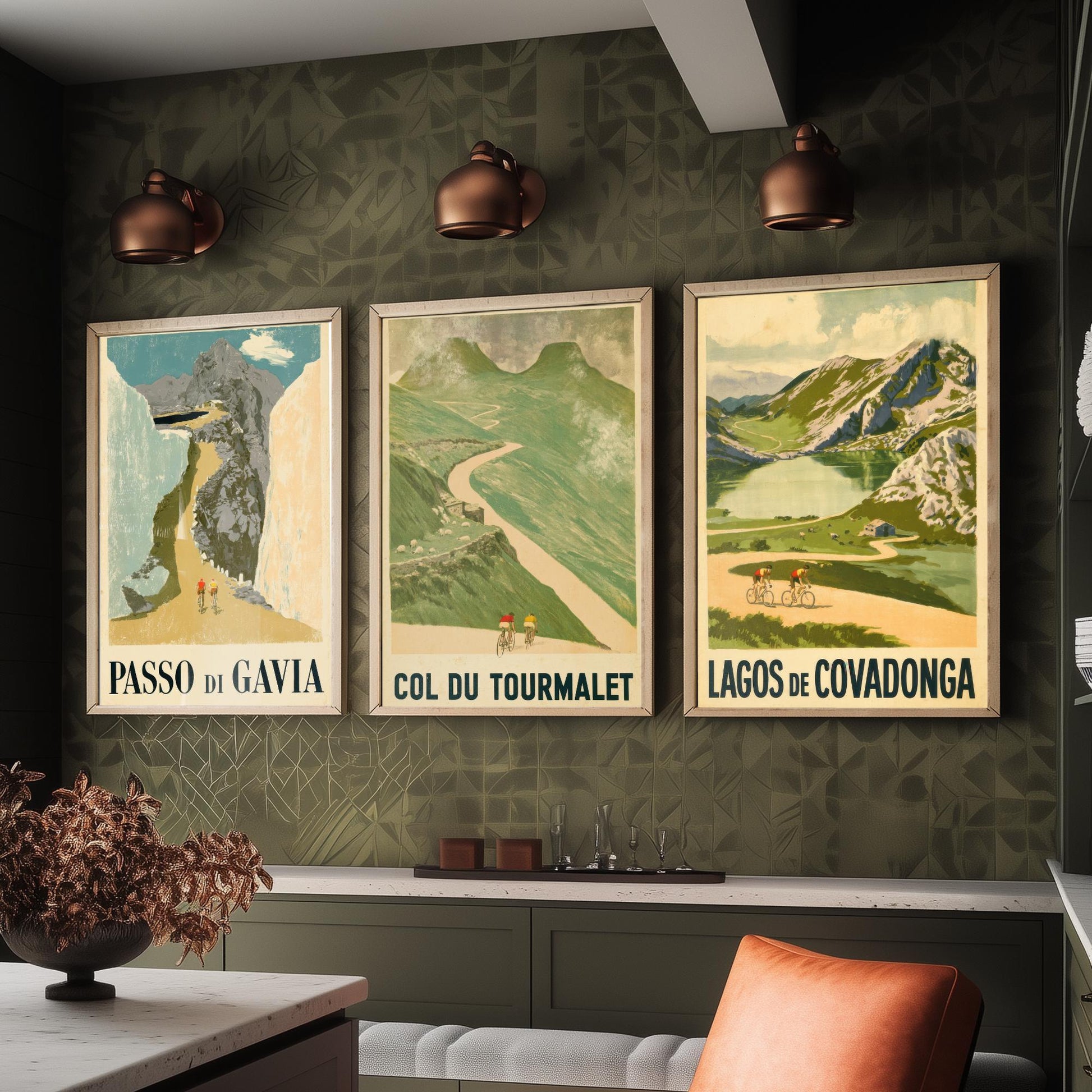 Vintage Cycling Climbs Set of Three Art Prints - Passo di Gavia, Col du Tourmalet, Lagos de Covadonga - Retro Race Poster Illustration V1