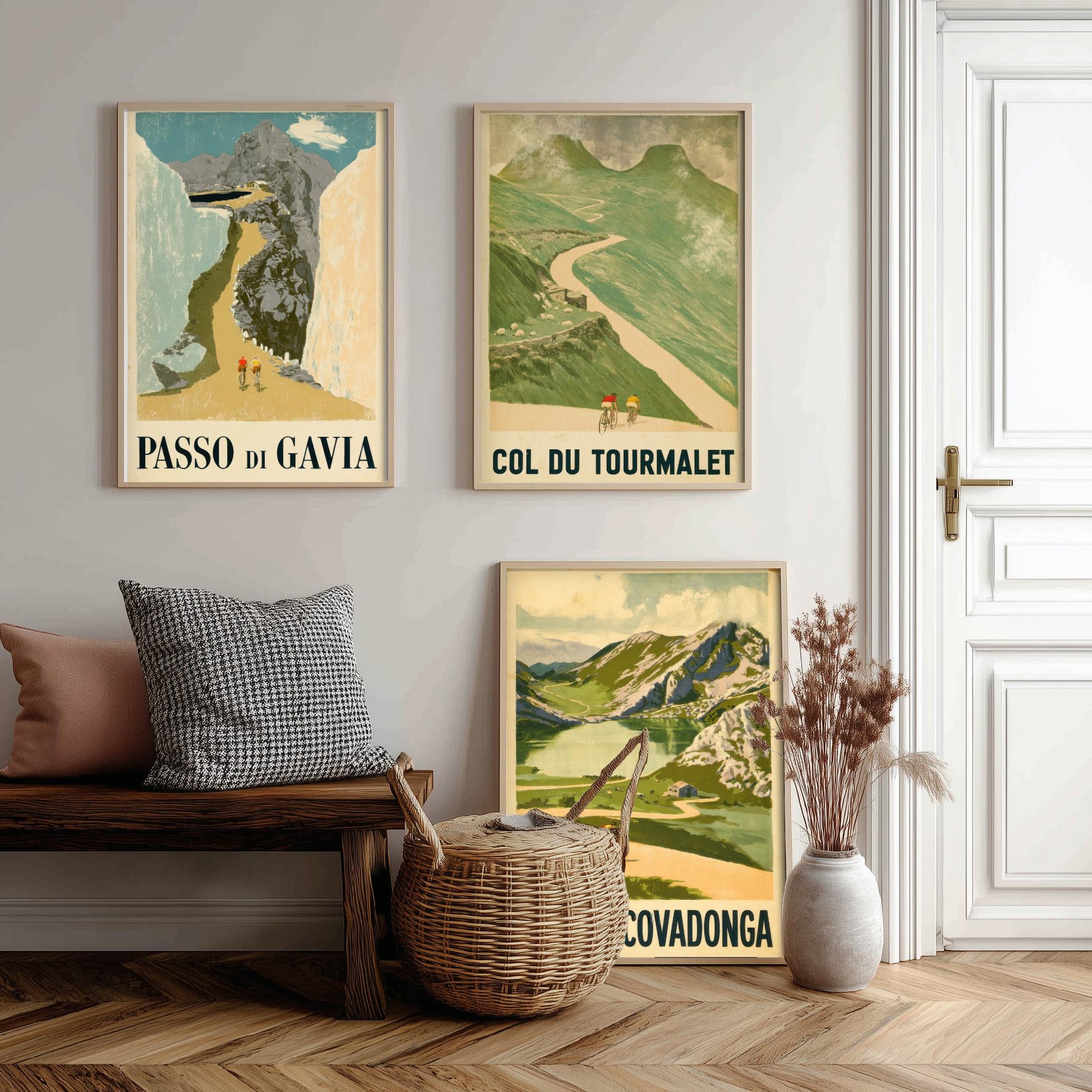Vintage Cycling Climbs Set of Three Art Prints - Passo di Gavia, Col du Tourmalet, Lagos de Covadonga - Retro Race Poster Illustration V1