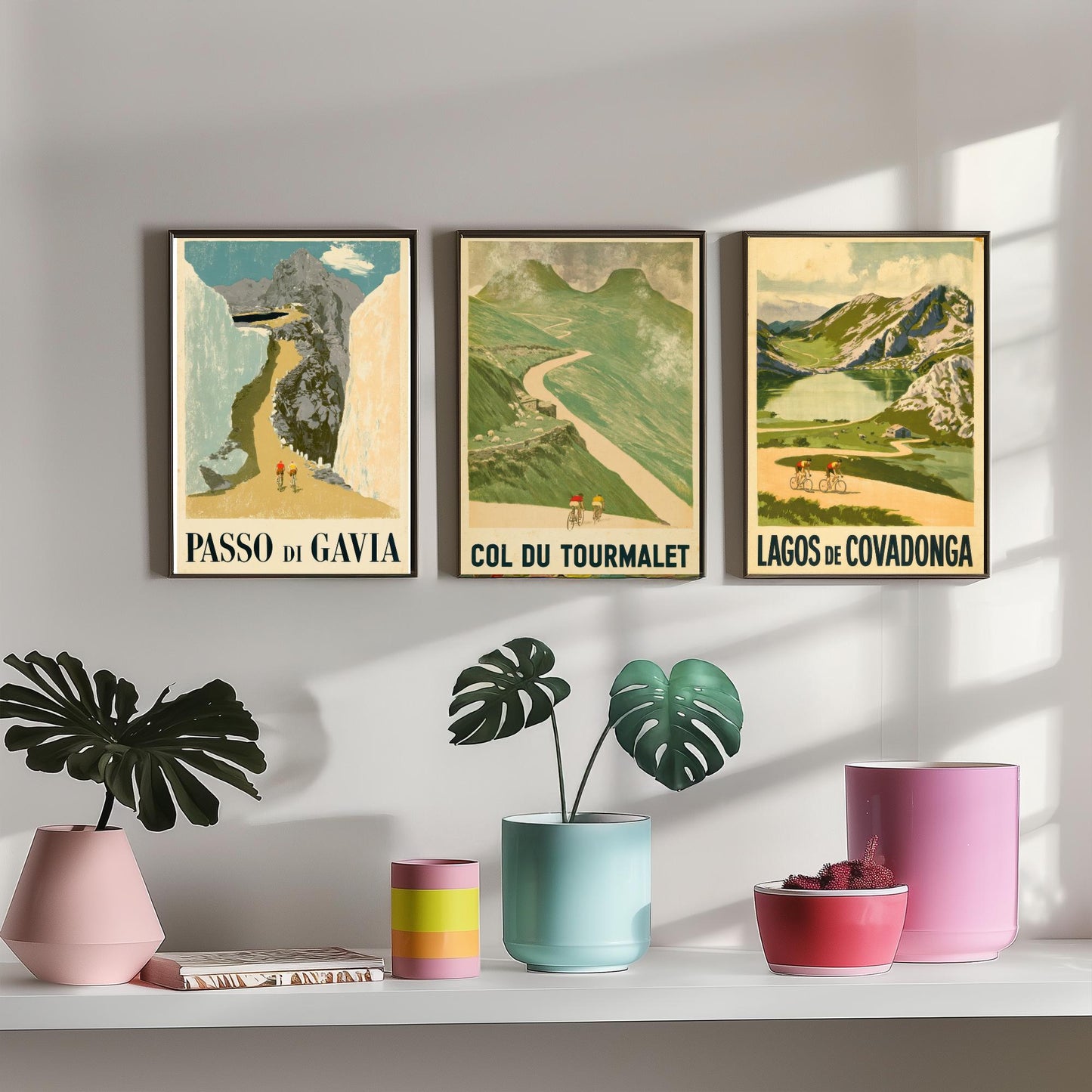 Vintage Cycling Climbs Set of Three Art Prints - Passo di Gavia, Col du Tourmalet, Lagos de Covadonga - Retro Race Poster Illustration V1
