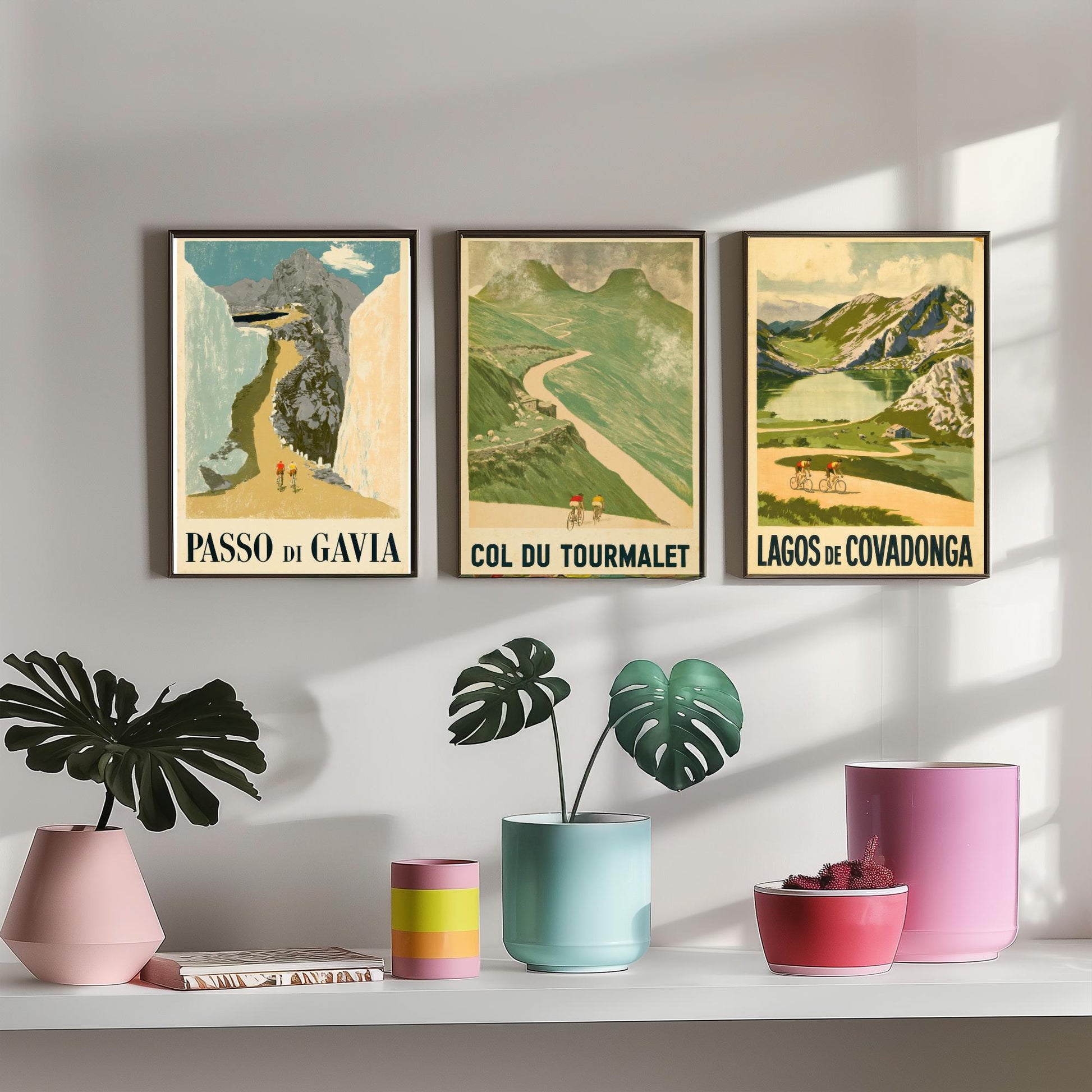 Vintage Cycling Climbs Set of Three Art Prints - Passo di Gavia, Col du Tourmalet, Lagos de Covadonga - Retro Race Poster Illustration V1