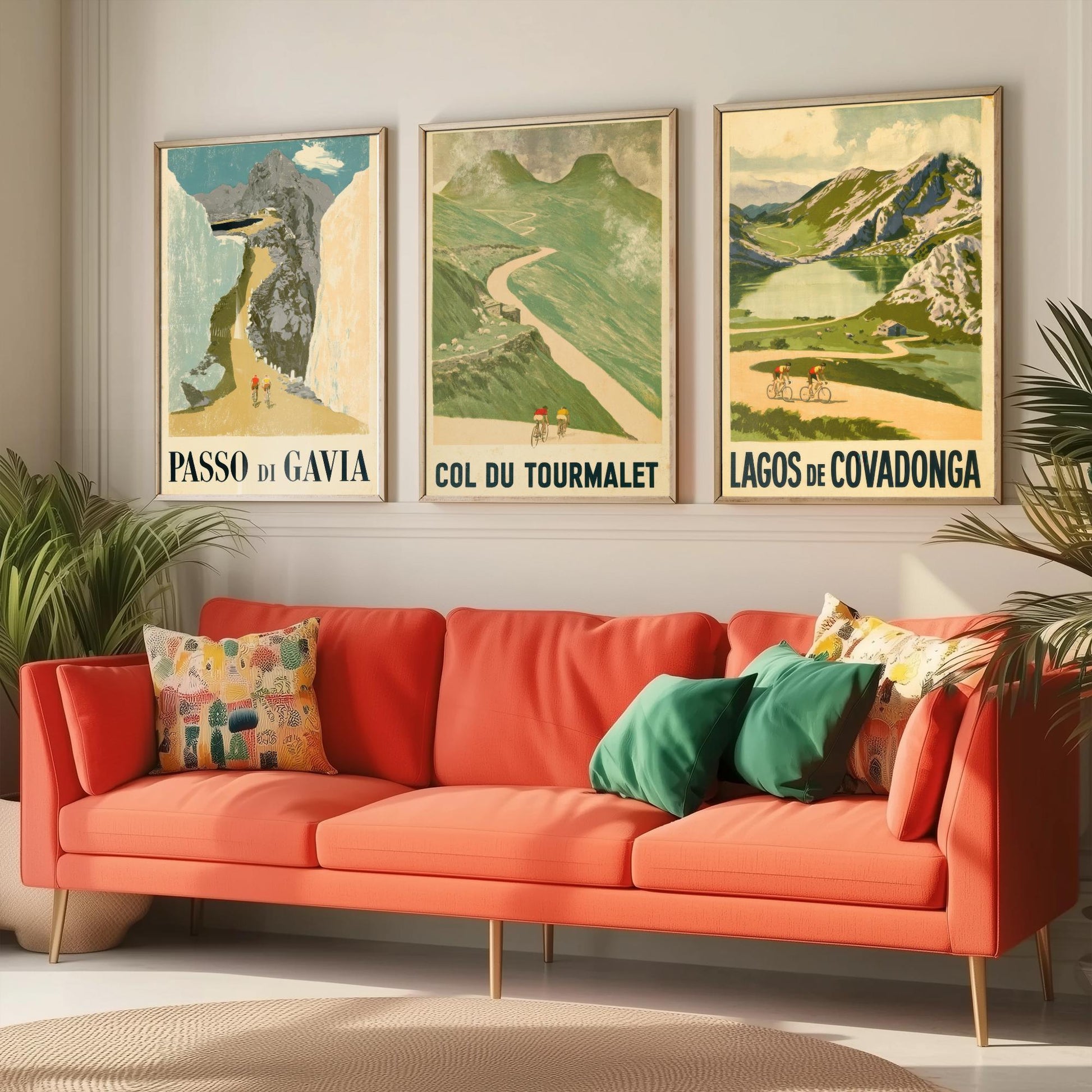 Vintage Cycling Climbs Set of Three Art Prints - Passo di Gavia, Col du Tourmalet, Lagos de Covadonga - Retro Race Poster Illustration V1