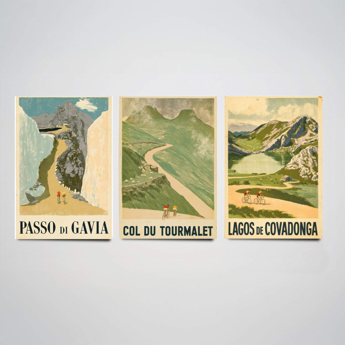 Vintage Cycling Climbs Set of Three Art Prints - Passo di Gavia, Col du Tourmalet, Lagos de Covadonga - Retro Race Poster Illustration V1