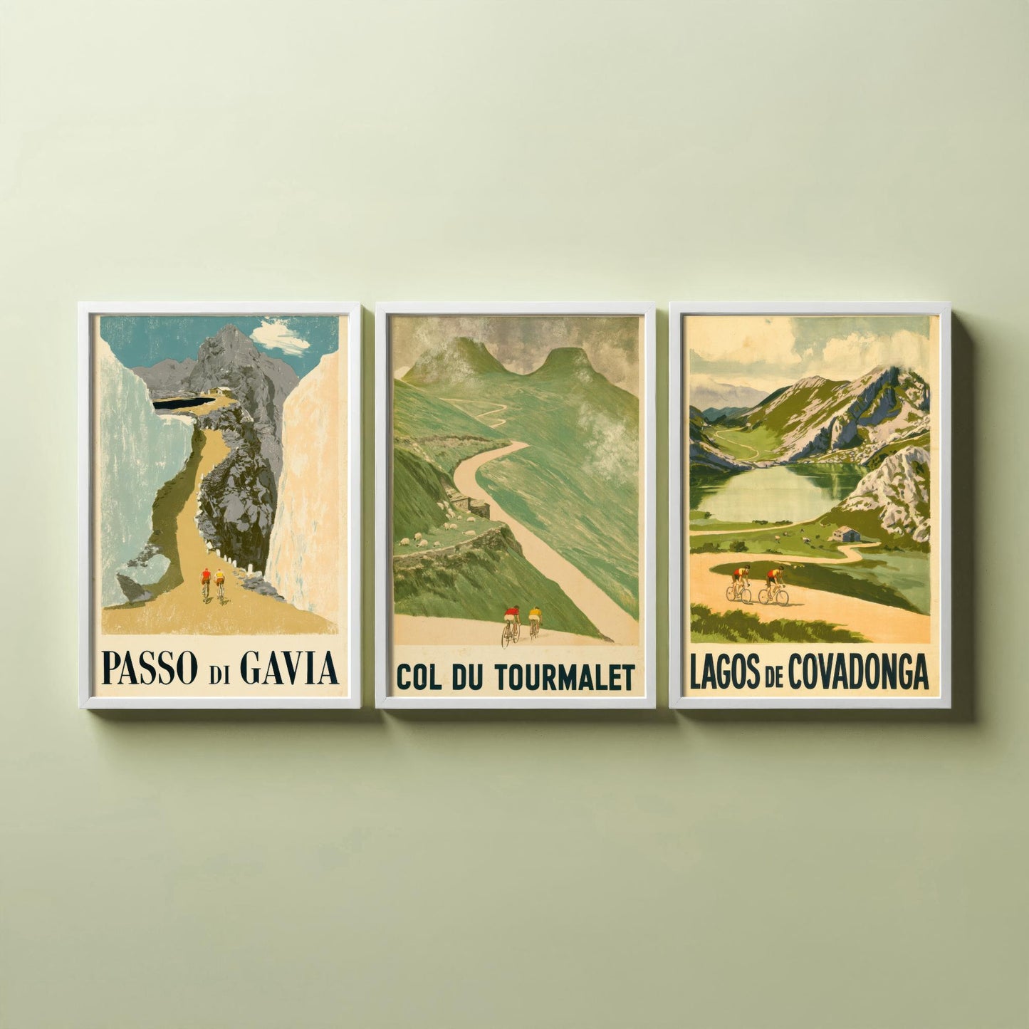 Vintage Cycling Climbs Set of Three Art Prints - Passo di Gavia, Col du Tourmalet, Lagos de Covadonga - Retro Race Poster Illustration V1