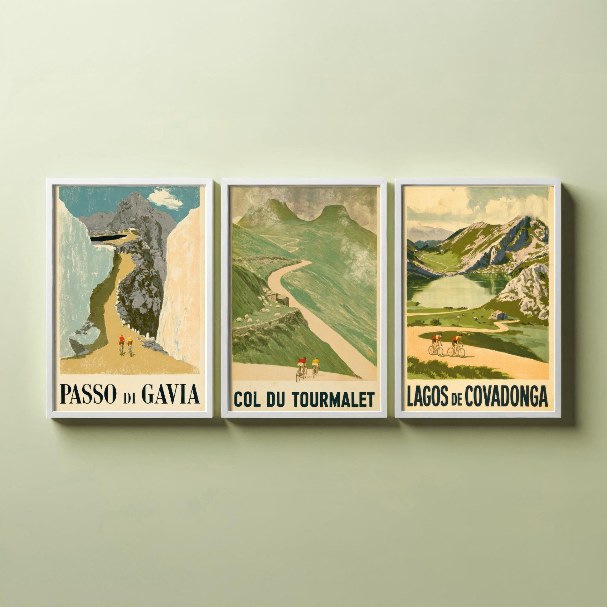 Vintage Cycling Climbs Set of Three Art Prints - Passo di Gavia, Col du Tourmalet, Lagos de Covadonga - Retro Race Poster Illustration V1