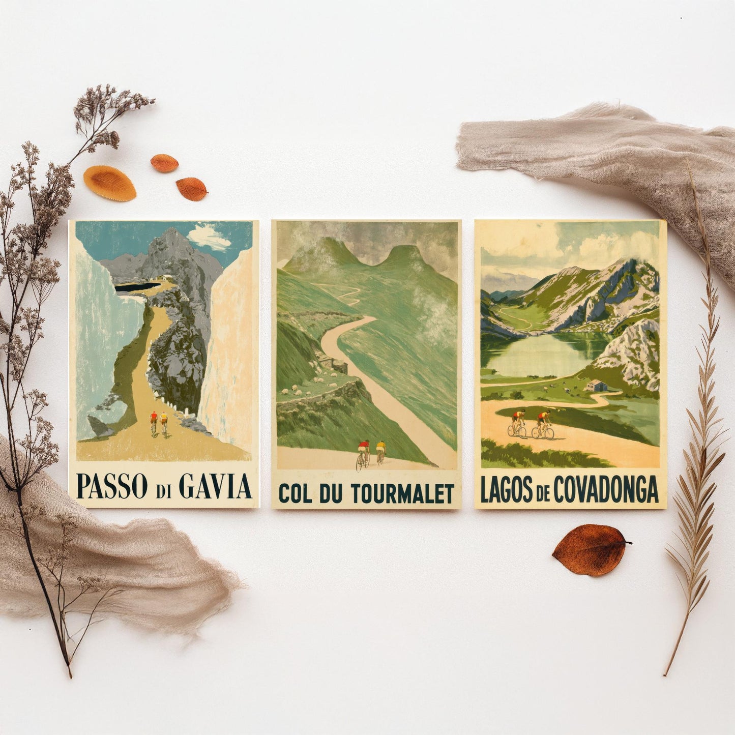 Vintage Cycling Climbs Set of Three Art Prints - Passo di Gavia, Col du Tourmalet, Lagos de Covadonga - Retro Race Poster Illustration V1