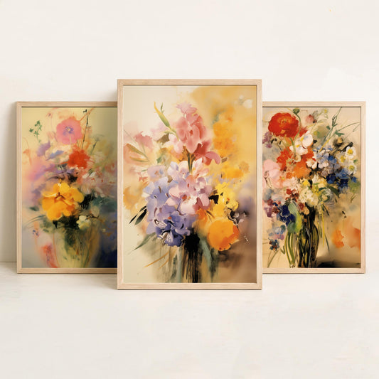 Vintage Floral Bouquet After Odilon Redon Set of Three Art Prints - Poppies, Ranunculus, Lilac Blooms - Watercolour Poster