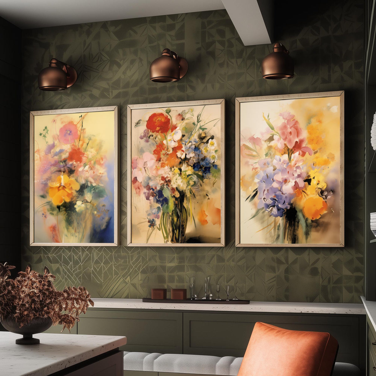 Vintage Floral Bouquet After Odilon Redon Set of Three Art Prints - Poppies, Ranunculus, Lilac Blooms - Watercolour Poster