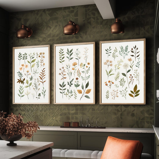 Vintage Botanical Poster Set of Three Art Prints | Pressed Wildflower Leaf Sprigs Illustration V10