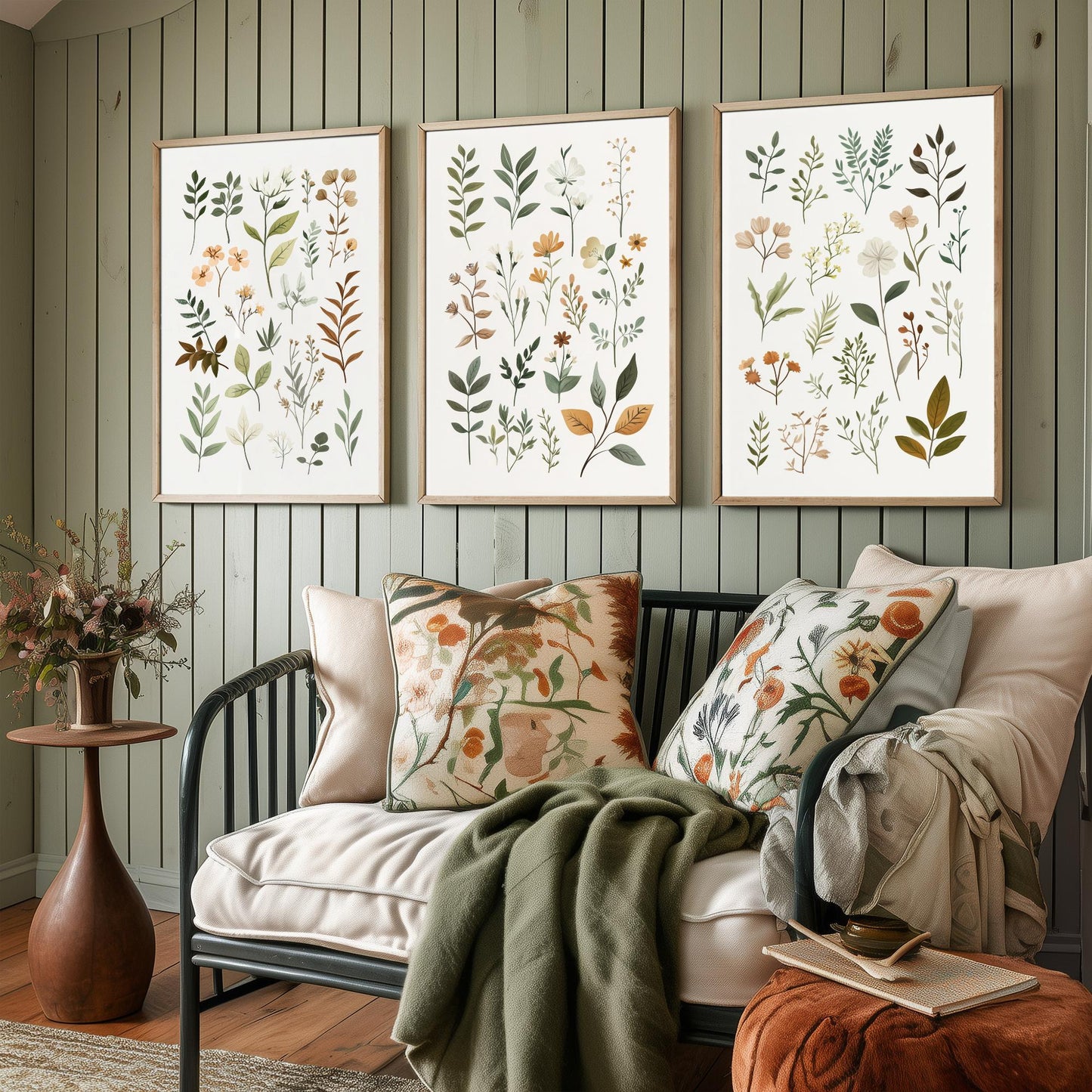 Vintage Botanical Poster Set of Three Art Prints | Pressed Wildflower Leaf Sprigs Illustration V10