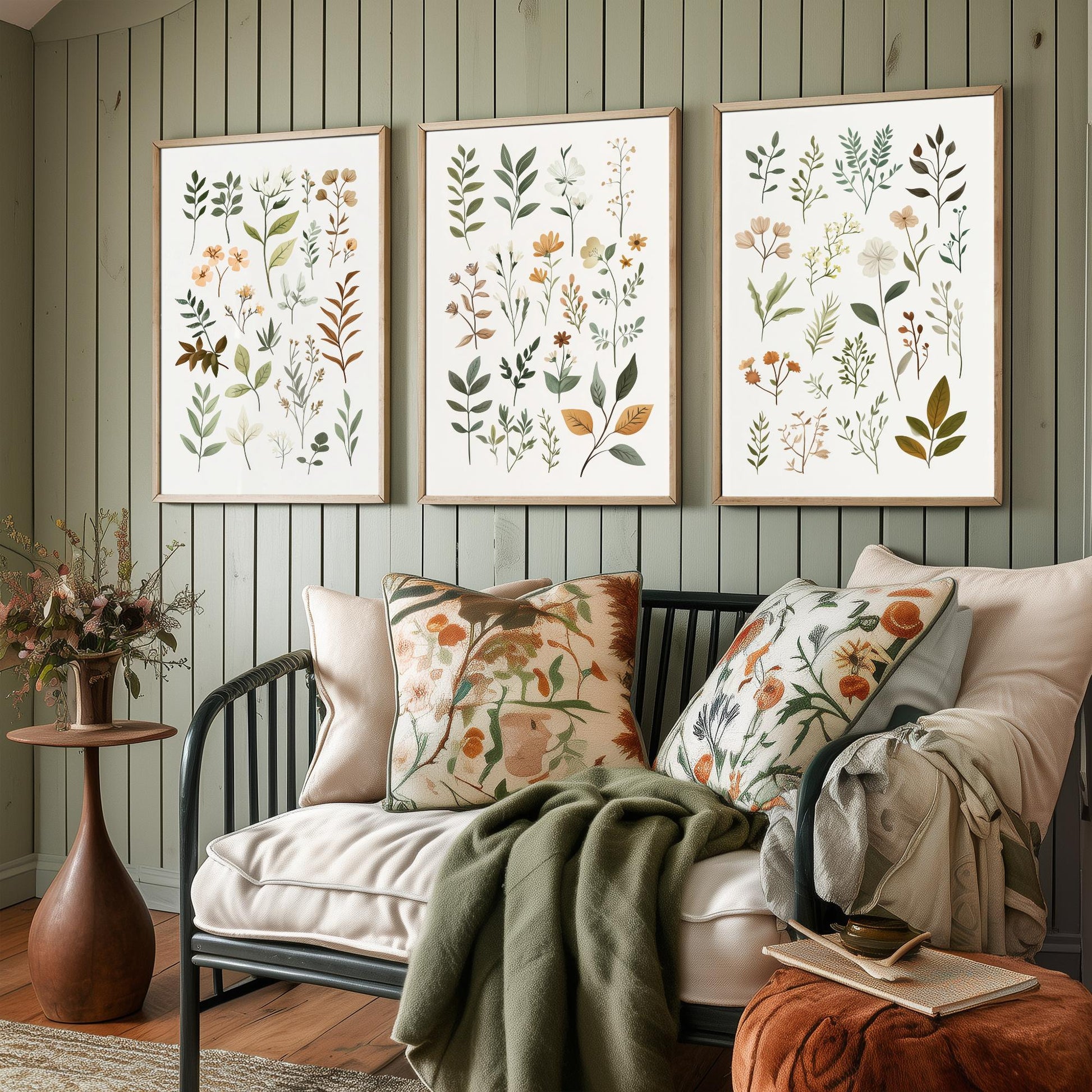 Vintage Botanical Poster Set of Three Art Prints | Pressed Wildflower Leaf Sprigs Illustration V10