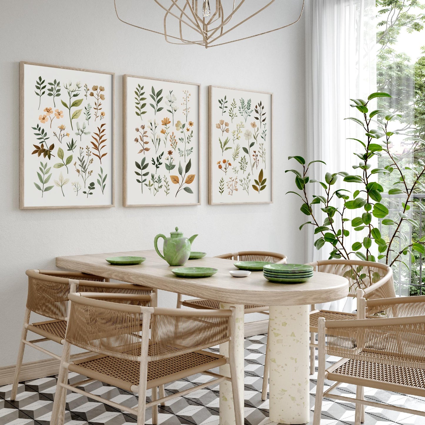Vintage Botanical Poster Set of Three Art Prints | Pressed Wildflower Leaf Sprigs Illustration V10